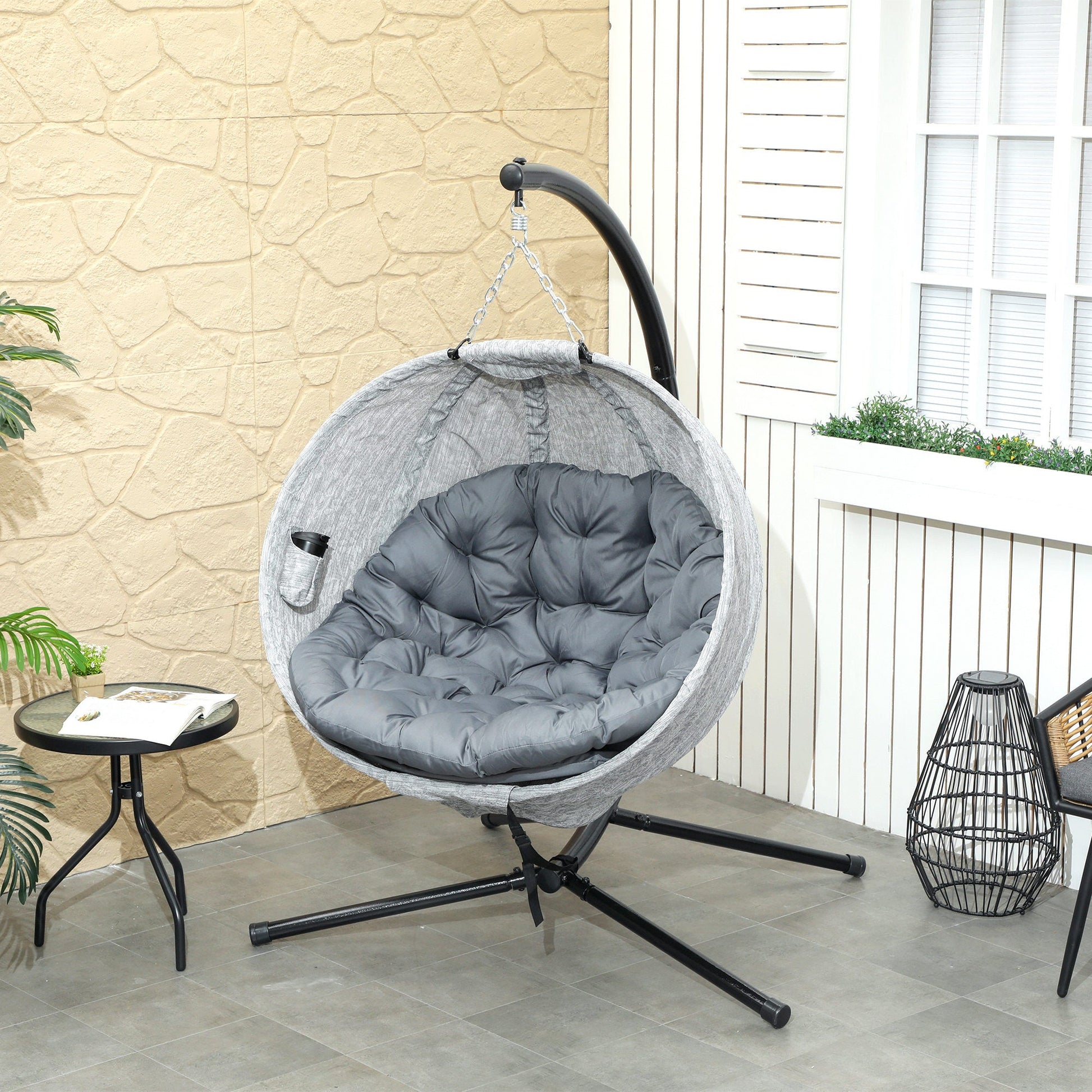 Hanging Egg Chair Outdoor Indoor Swing Chair with Stand and Folding Basket, Egg Hammock Chair with Thickened Cushion, Cup Holder for Patio, Garden, Balcony, Grey