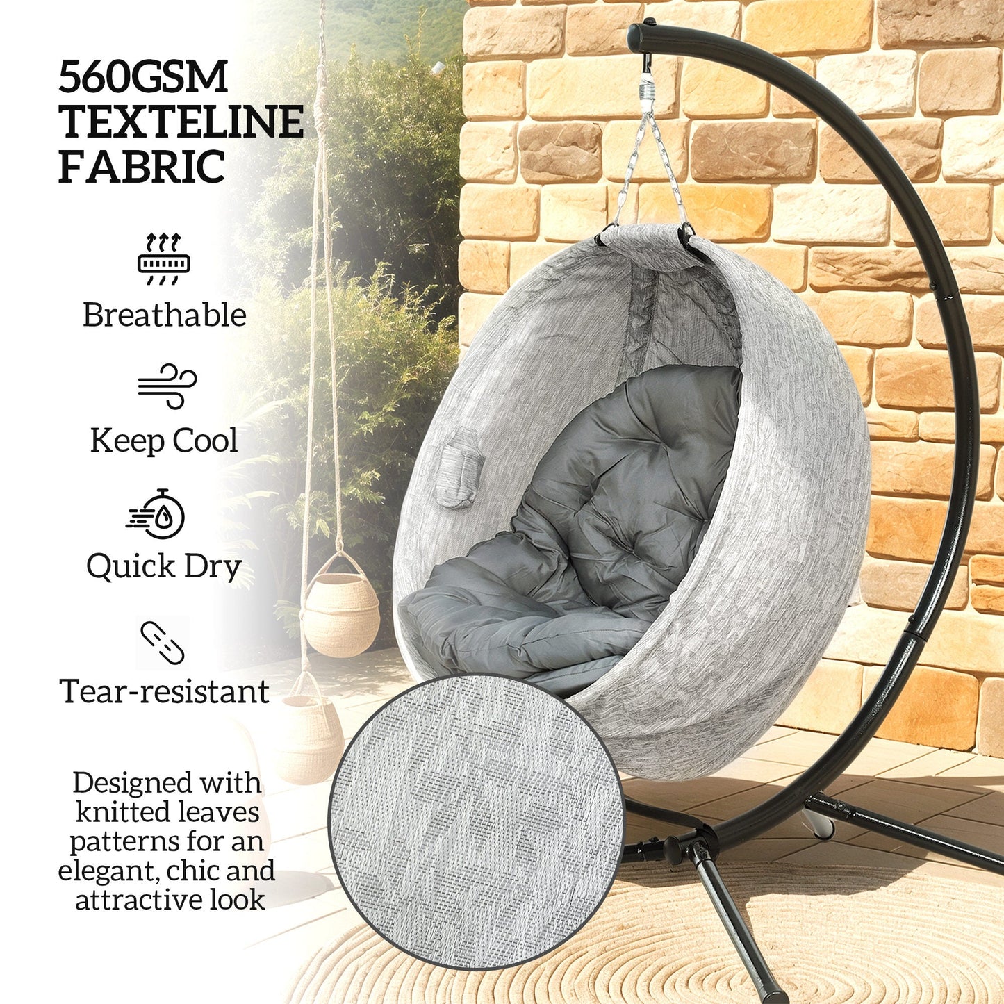 Hanging Egg Chair Outdoor Indoor Swing Chair with Stand and Folding Basket, Egg Hammock Chair with Thickened Cushion, Cup Holder for Patio, Garden, Balcony, Grey