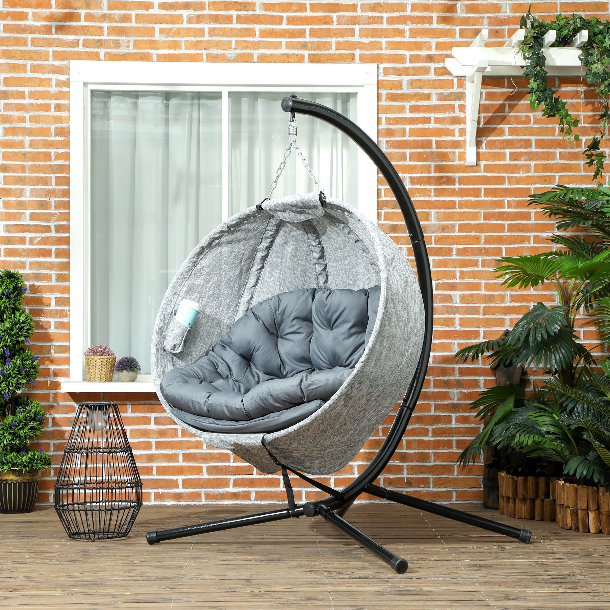 Hanging Egg Chair Outdoor Indoor Swing Chair with Stand and Folding Basket, Egg Hammock Chair with Thickened Cushion, Cup Holder for Patio, Garden, Balcony, Grey