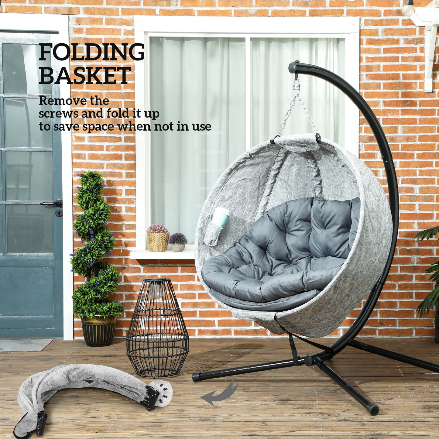 Hanging Egg Chair Outdoor Indoor Swing Chair with Stand and Folding Basket, Egg Hammock Chair with Thickened Cushion, Cup Holder for Patio, Garden, Balcony, Grey