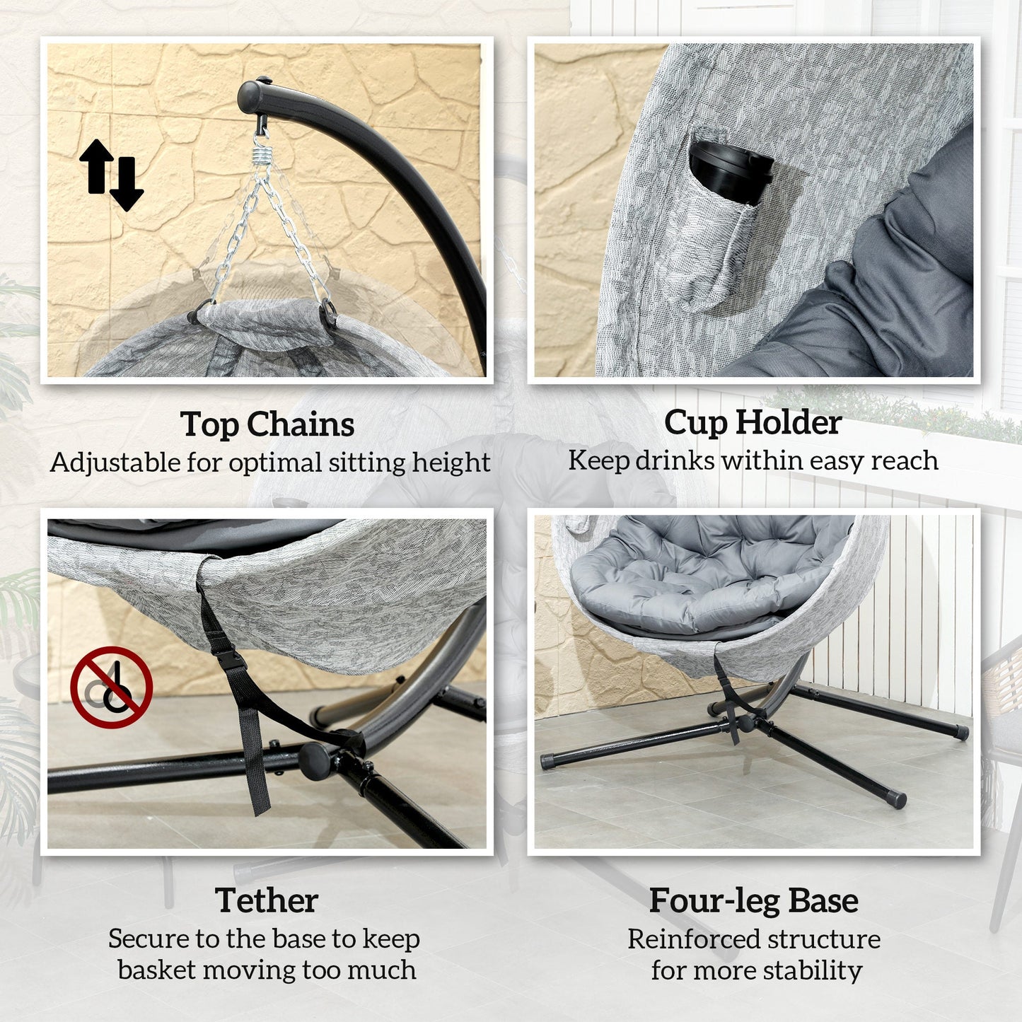 Hanging Egg Chair Outdoor Indoor Swing Chair with Stand and Folding Basket, Egg Hammock Chair with Thickened Cushion, Cup Holder for Patio, Garden, Balcony, Grey