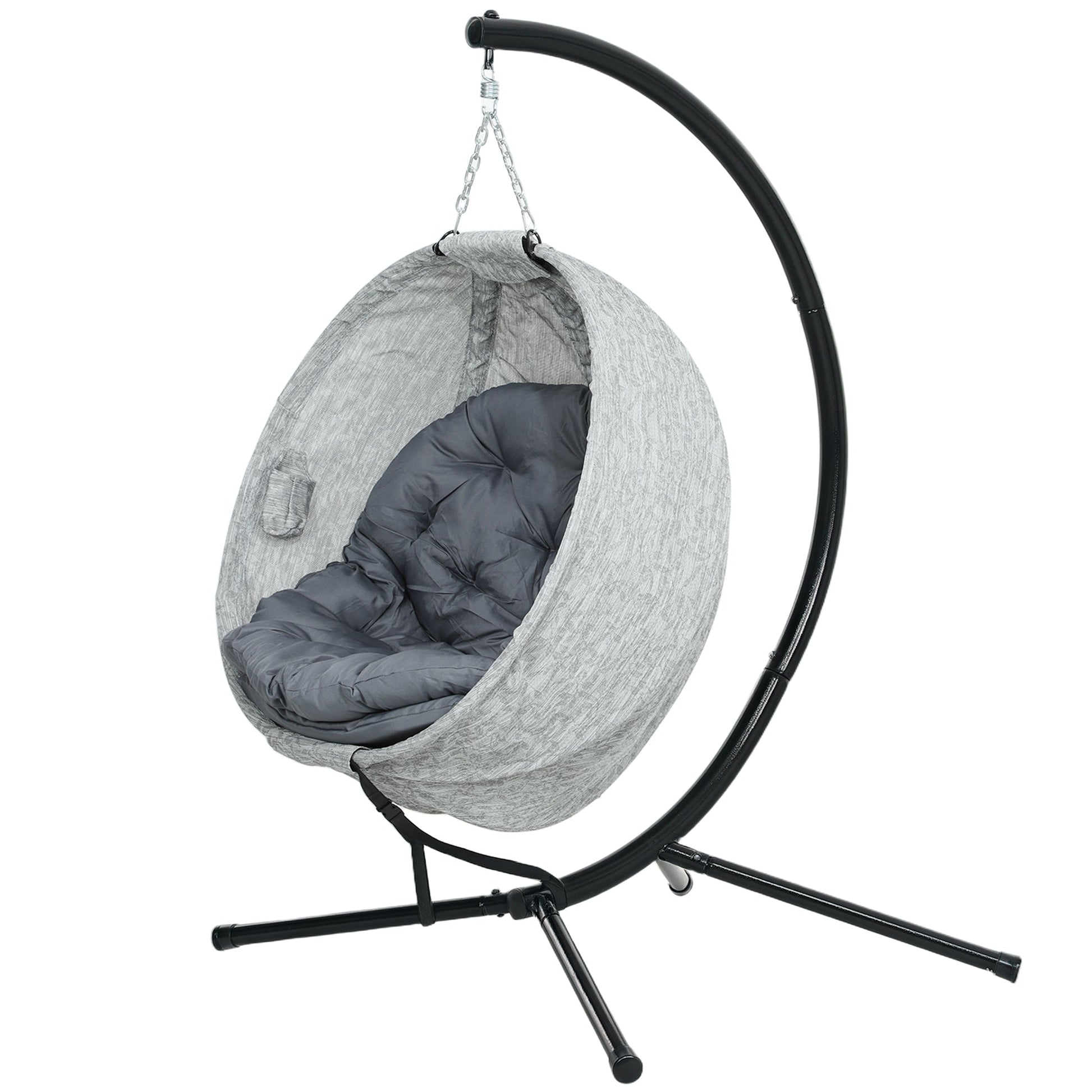 Hanging Egg Chair Outdoor Indoor Swing Chair with Stand and Folding Basket, Egg Hammock Chair with Thickened Cushion, Cup Holder for Patio, Garden, Balcony, Grey