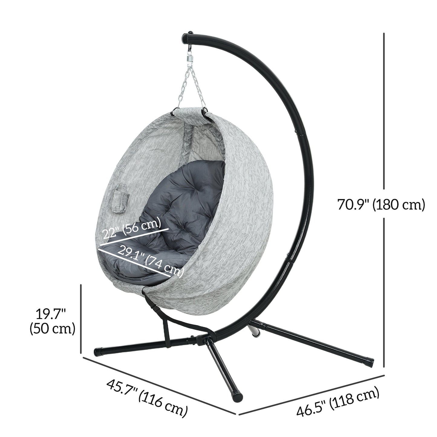 Hanging Egg Chair Outdoor Indoor Swing Chair with Stand and Folding Basket, Egg Hammock Chair with Thickened Cushion, Cup Holder for Patio, Garden, Balcony, Grey