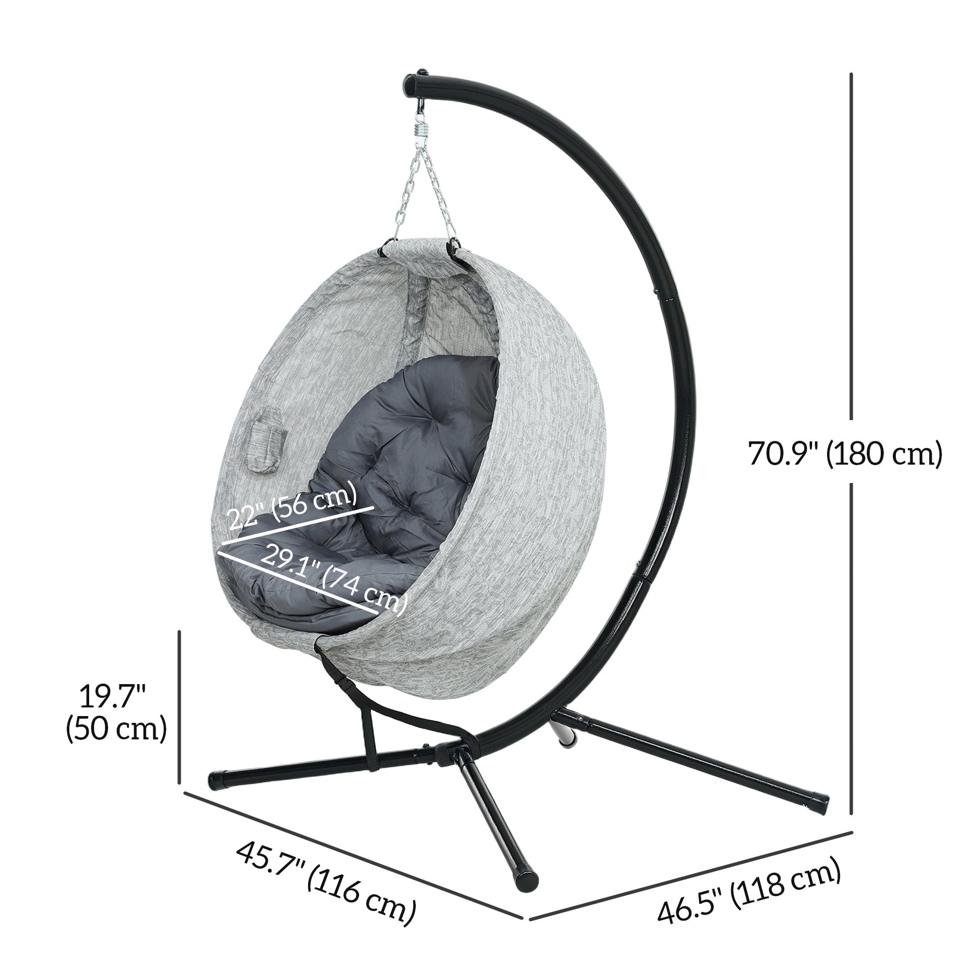 Hanging Egg Chair Outdoor Indoor Swing Chair with Stand and Folding Basket, Egg Hammock Chair with Thickened Cushion, Cup Holder for Patio, Garden, Balcony, Grey