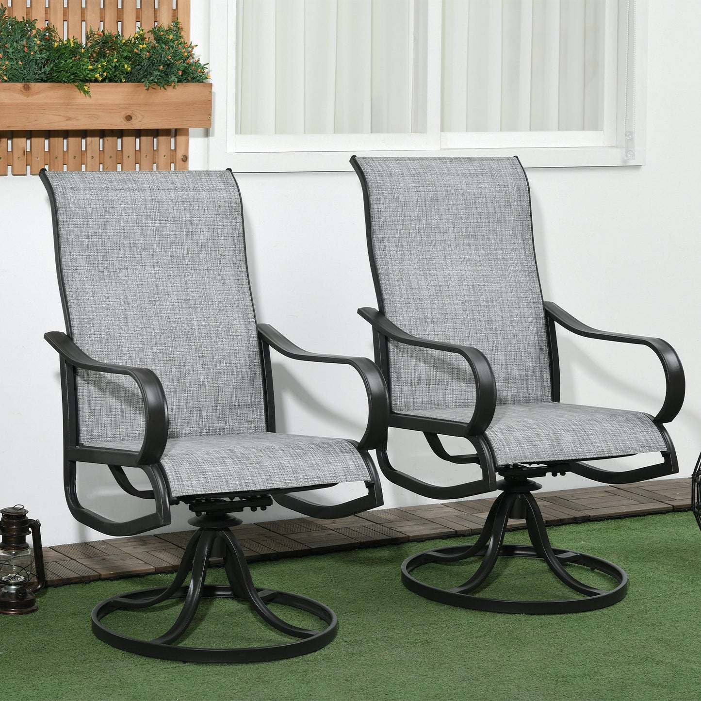 2-Piece Swivel Patio Dining Chairs, 360° Swivel Rocking Outdoor Chairs with Curved Armrests, Breathable Mesh Seat & S Shape Backrest for Yard, Lawn, Porch, Dark Grey