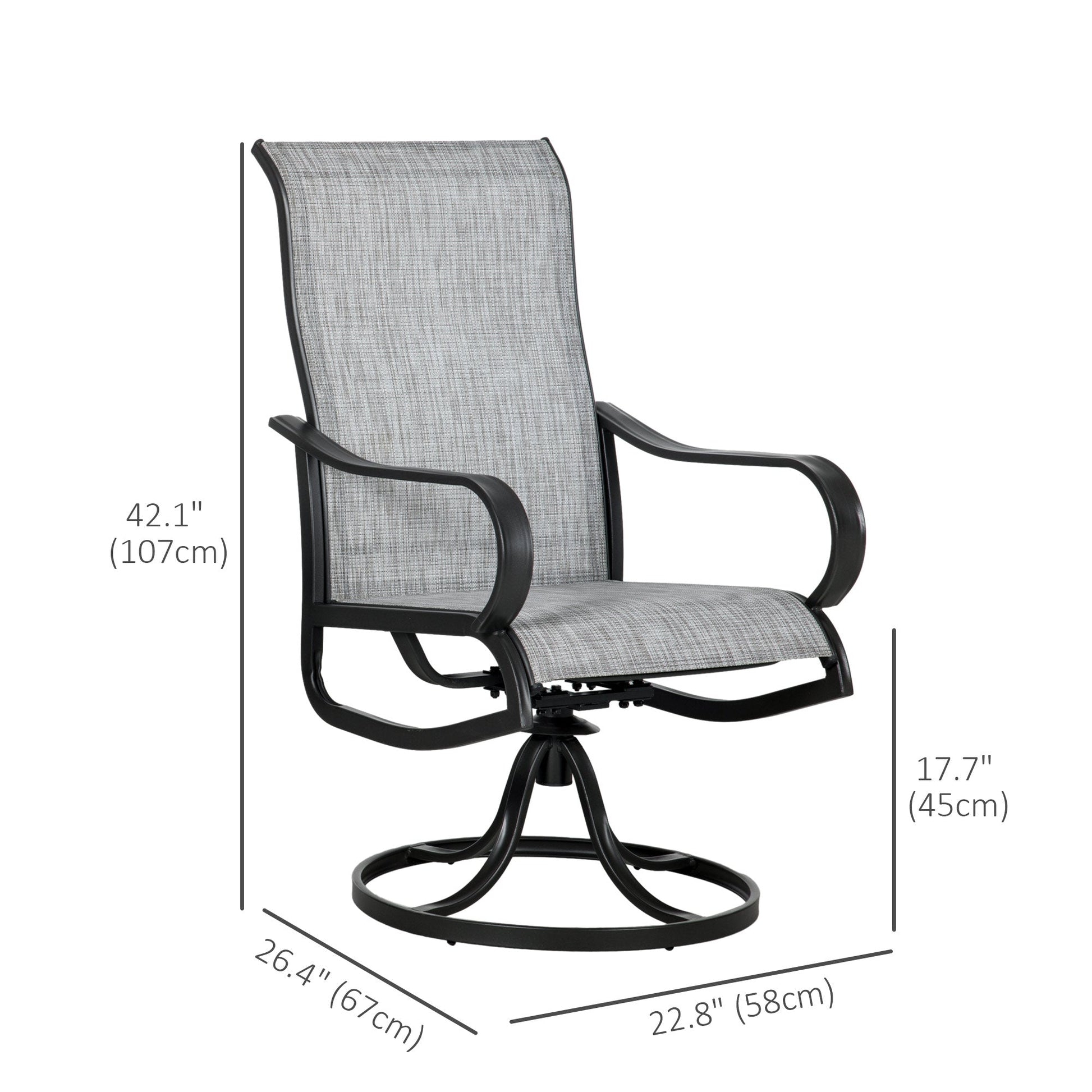 2-Piece Swivel Patio Dining Chairs, 360° Swivel Rocking Outdoor Chairs with Curved Armrests, Breathable Mesh Seat & S Shape Backrest for Yard, Lawn, Porch, Dark Grey