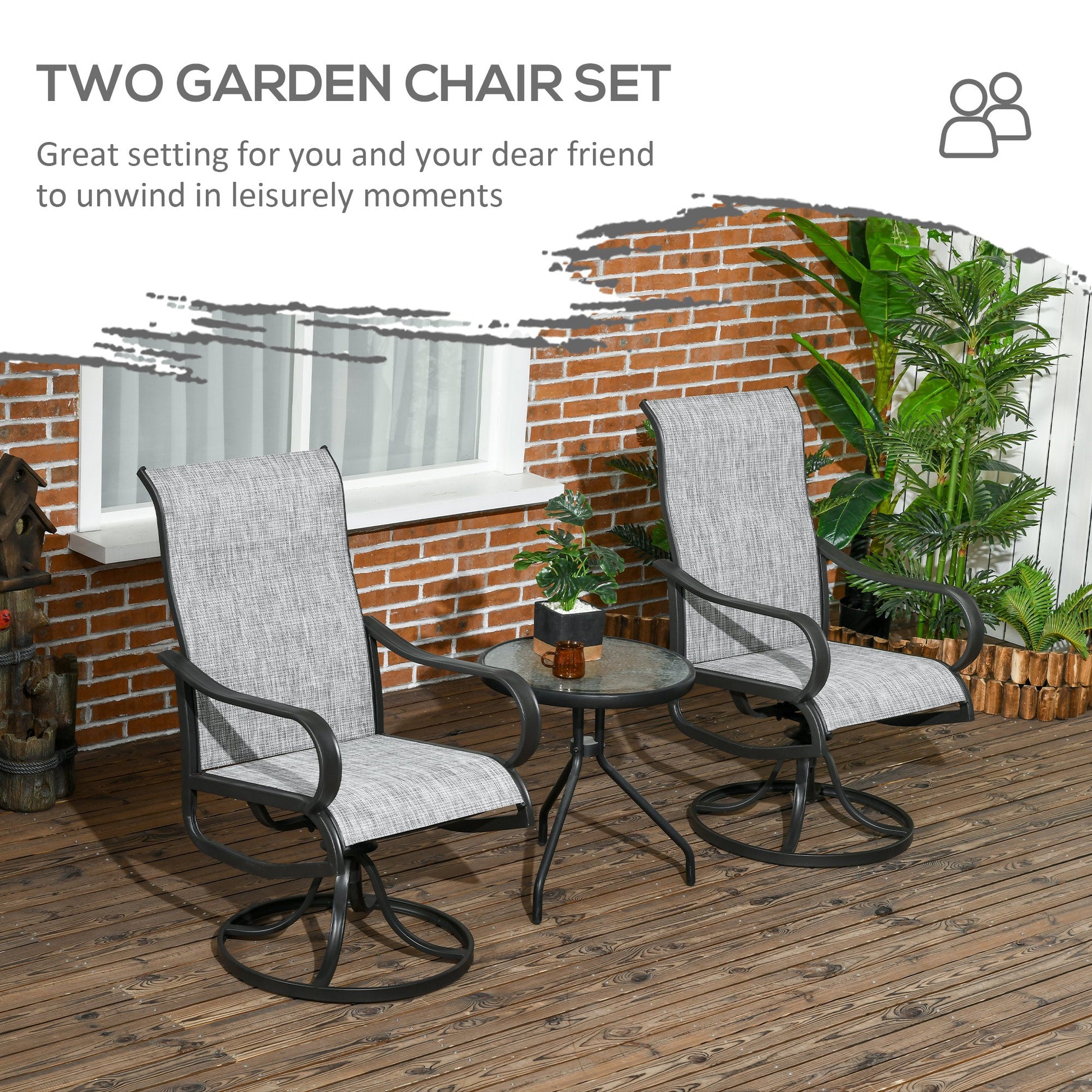 2-Piece Swivel Patio Dining Chairs, 360° Swivel Rocking Outdoor Chairs with Curved Armrests, Breathable Mesh Seat & S Shape Backrest for Yard, Lawn, Porch, Dark Grey