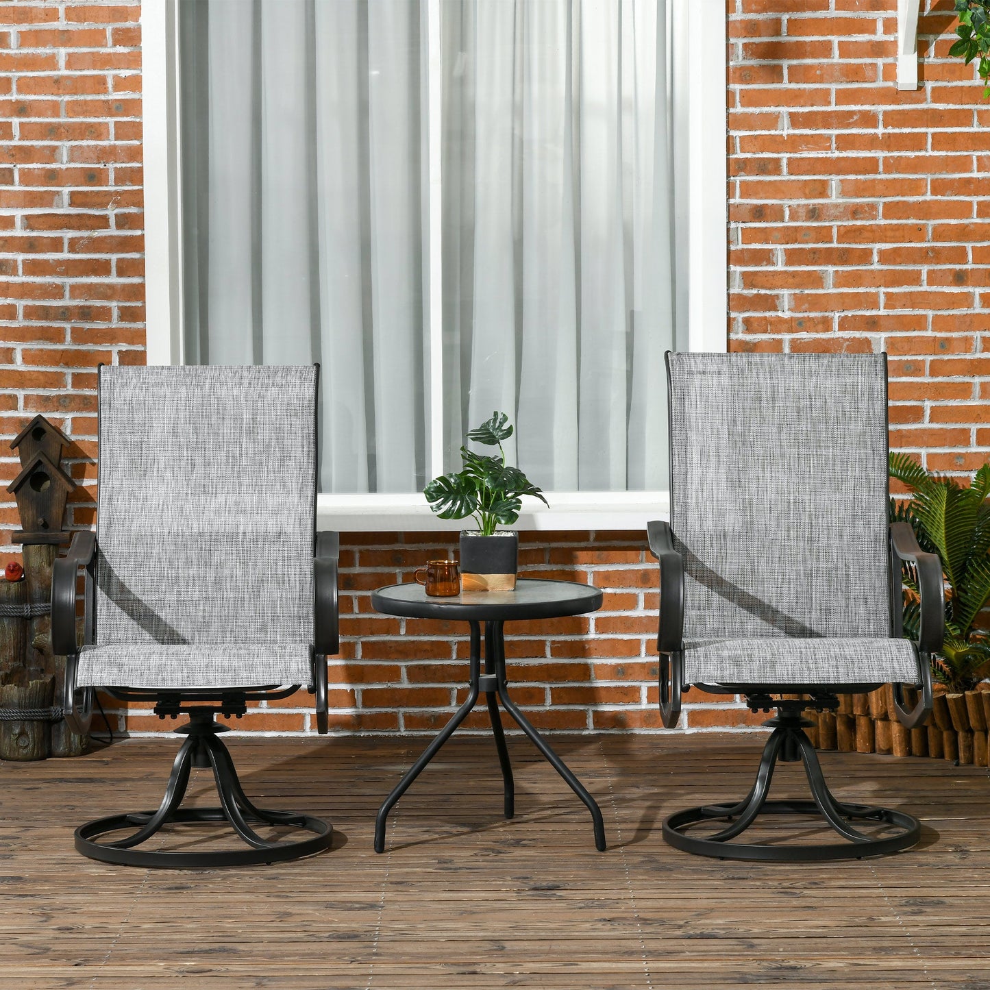 2-Piece Swivel Patio Dining Chairs, 360° Swivel Rocking Outdoor Chairs with Curved Armrests, Breathable Mesh Seat & S Shape Backrest for Yard, Lawn, Porch, Dark Grey