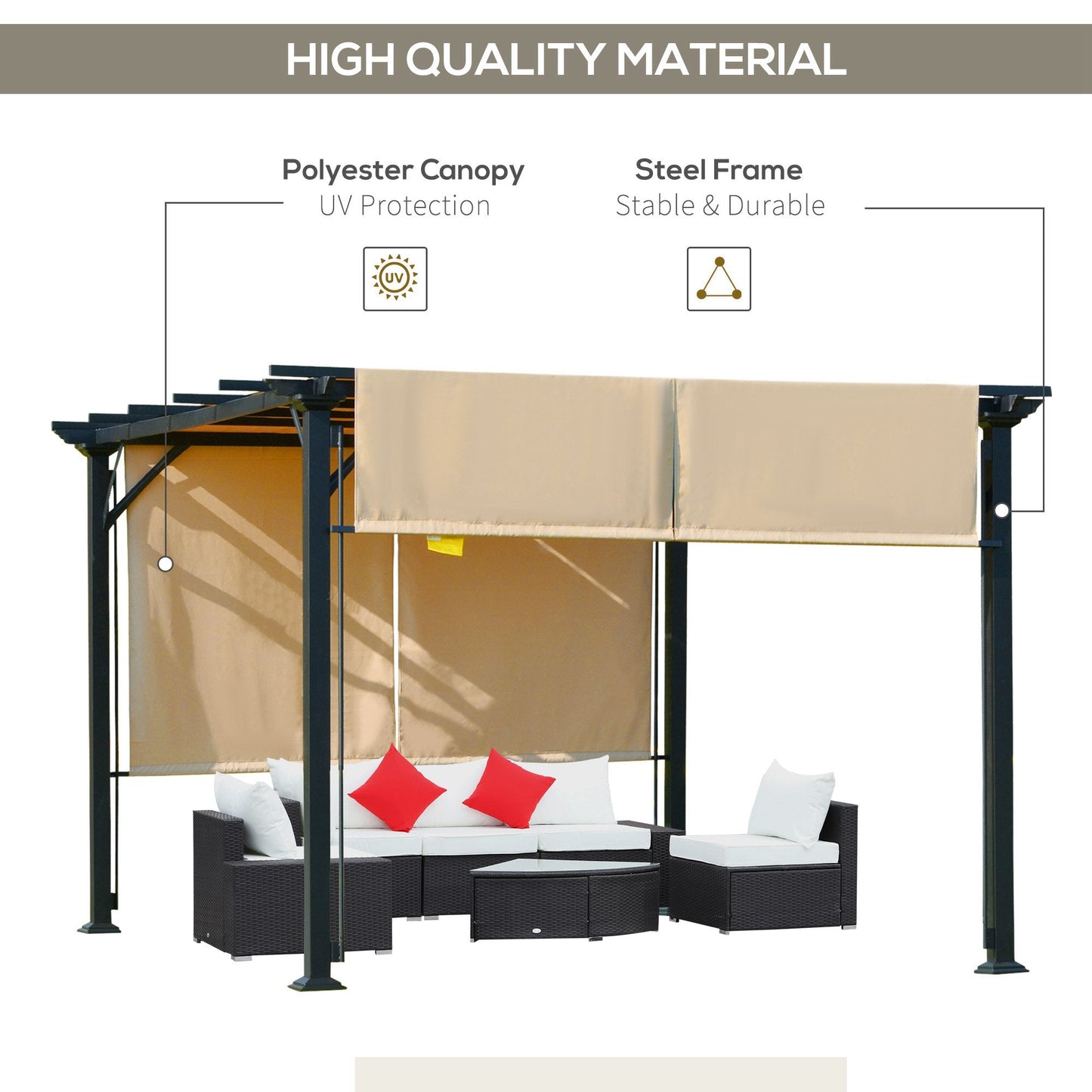 10' x 12' Retractable Pergola Canopy, Outdoor Gazebo with Sun Shade Canopy and Steel Frame, for Backyard, Garden, Patio, Deck, Beige