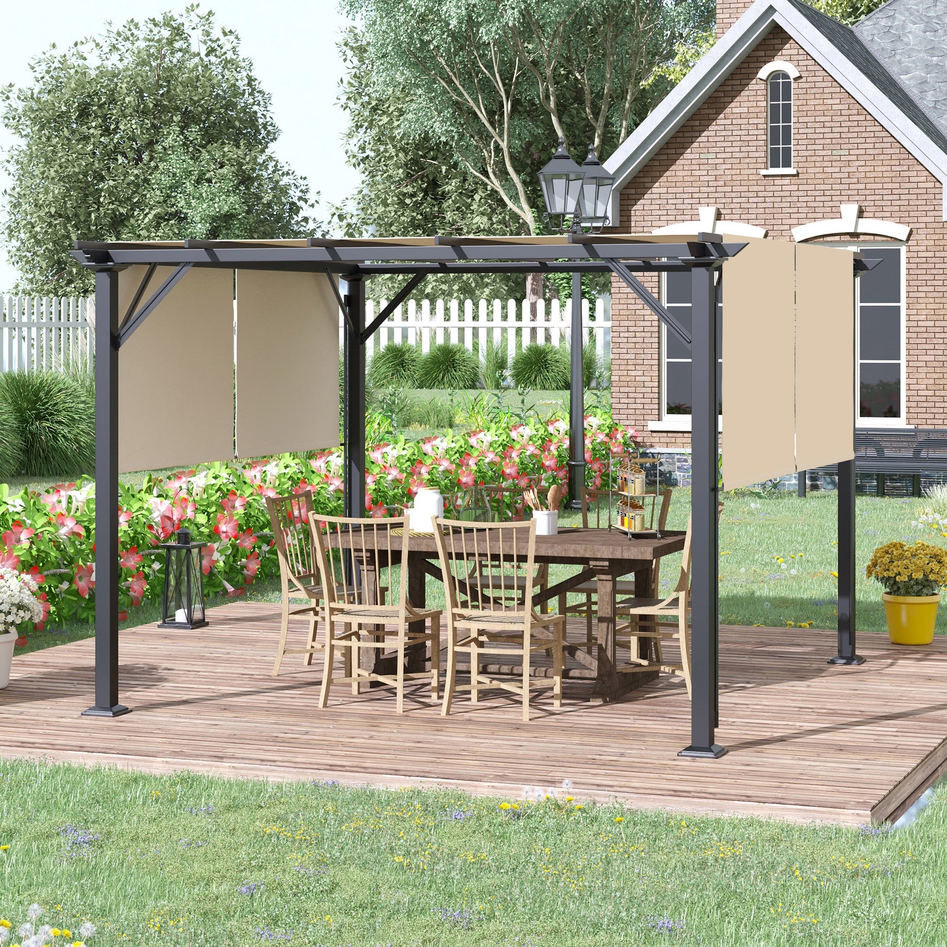 10' x 12' Retractable Pergola Canopy, Outdoor Gazebo with Sun Shade Canopy and Steel Frame, for Backyard, Garden, Patio, Deck, Beige