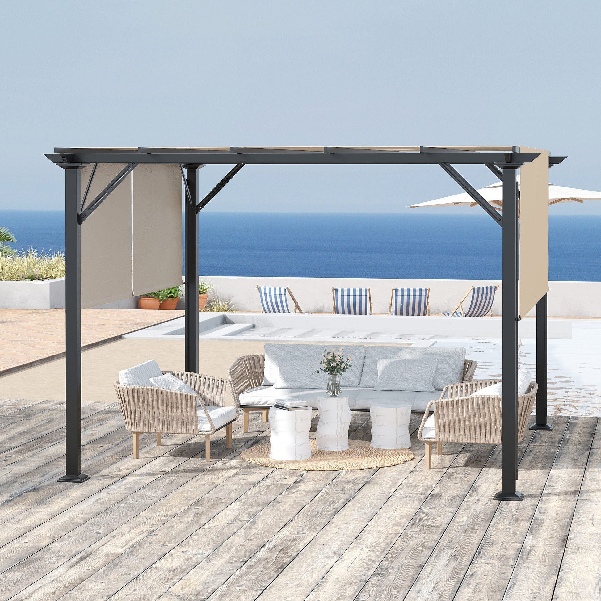 10' x 12' Retractable Pergola Canopy, Outdoor Gazebo with Sun Shade Canopy and Steel Frame, for Backyard, Garden, Patio, Deck, Beige