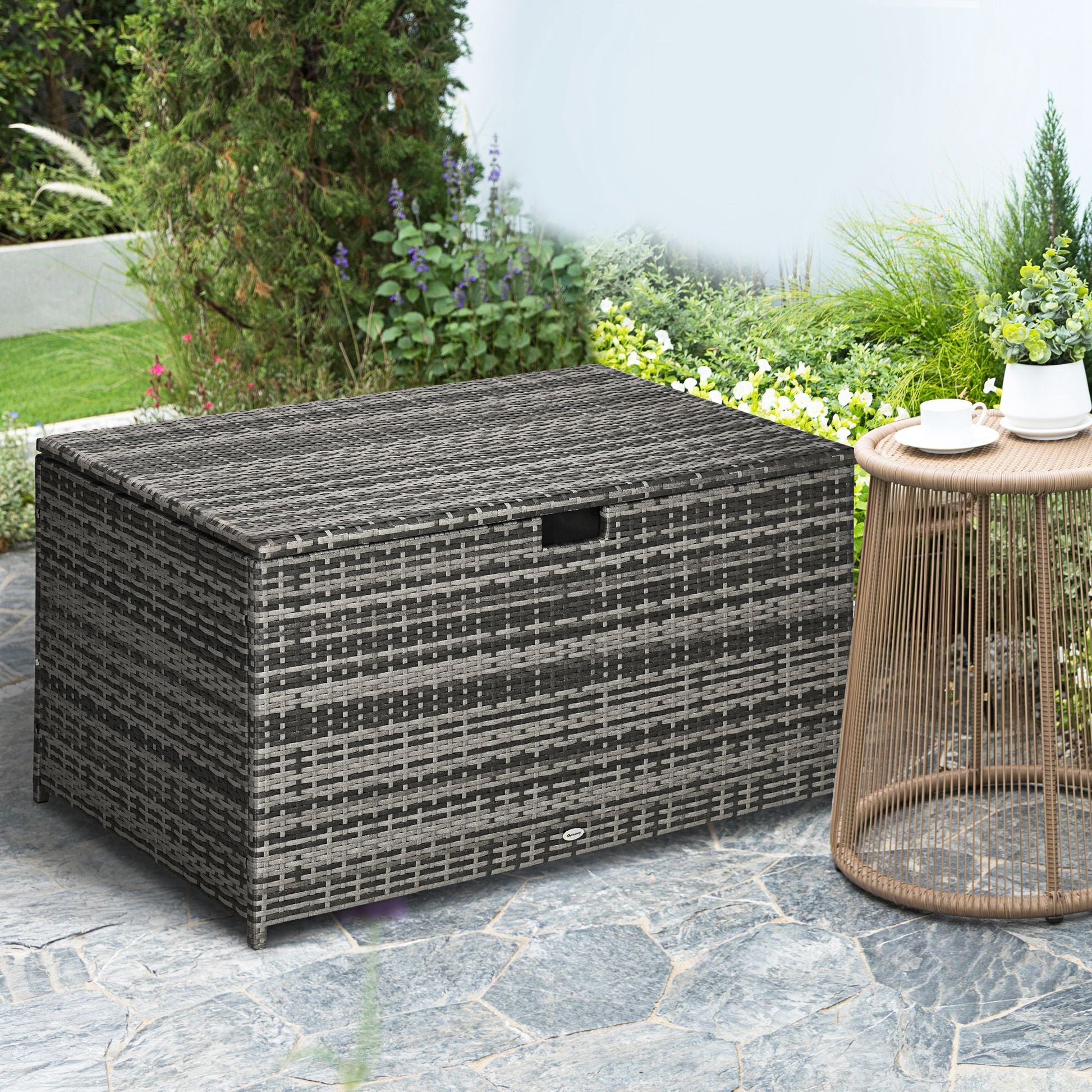 Rattan Deck Box, Rattan 113 Gallon Outdoor Storage Box with Lid and Handle for Indoor, Patio Furniture Cushions, Pool and Garden Tools, Grey