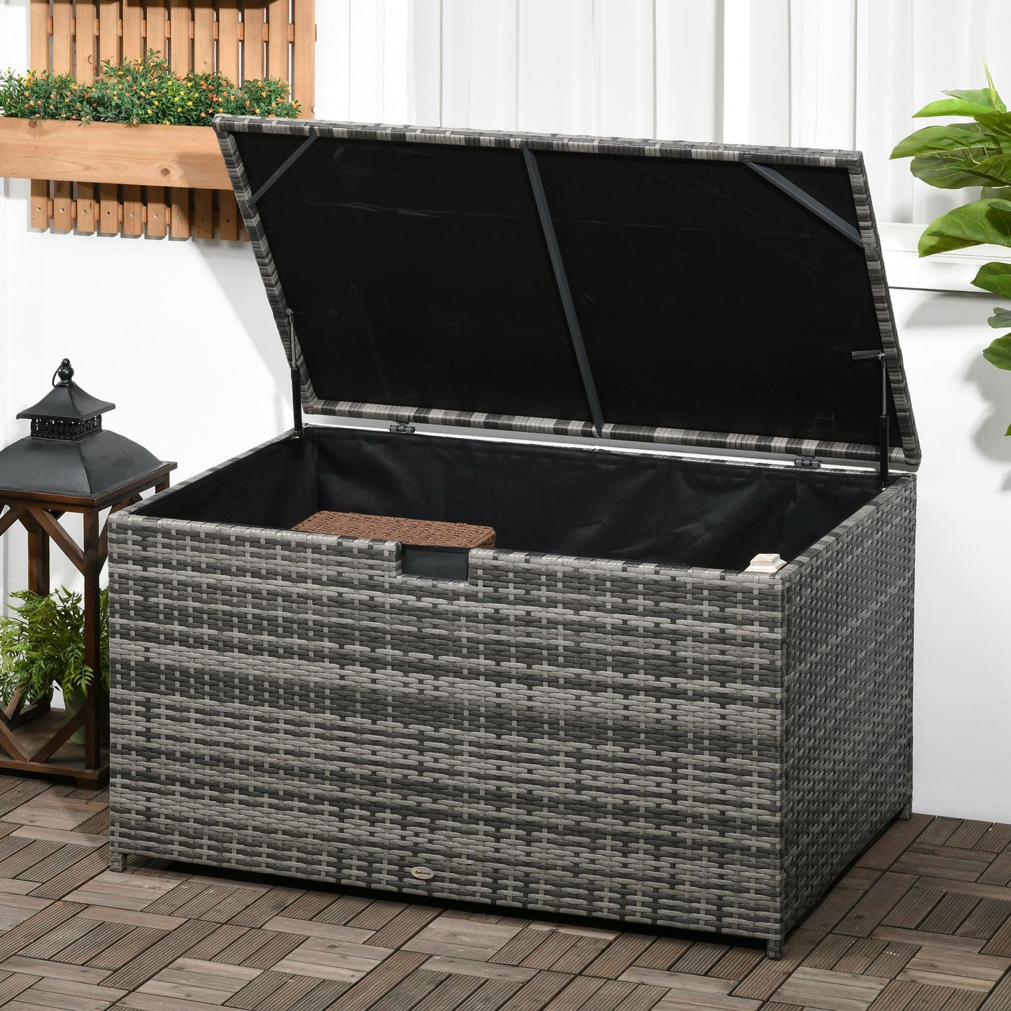 Rattan Deck Box, Rattan 113 Gallon Outdoor Storage Box with Lid and Handle for Indoor, Patio Furniture Cushions, Pool and Garden Tools, Grey