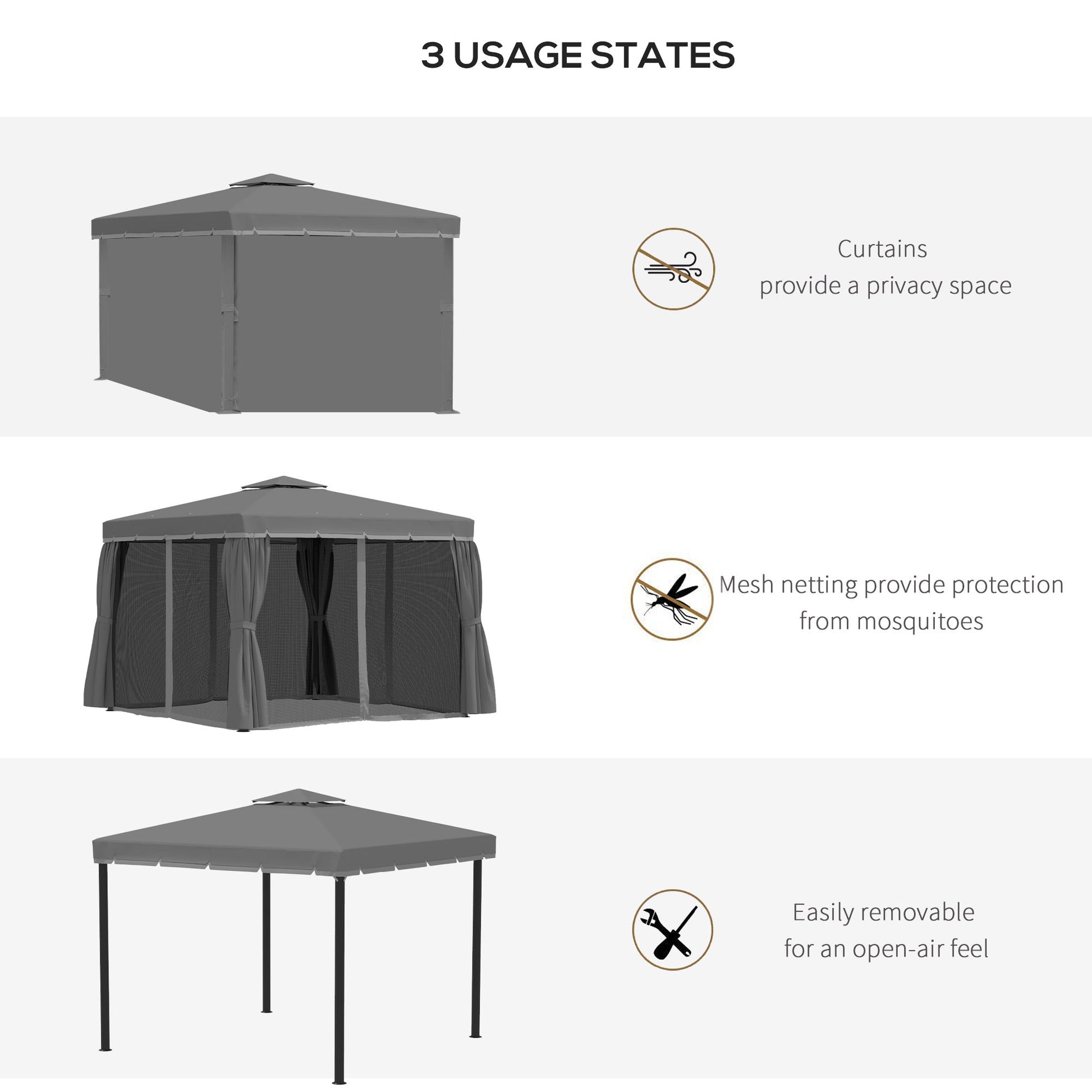 10' x 10' 2-Tier Outdoor Gazebo Canopy Tent with Zippered Mesh Sidewalls, Aluminum Frame for Patio, Backyard, Dark Grey