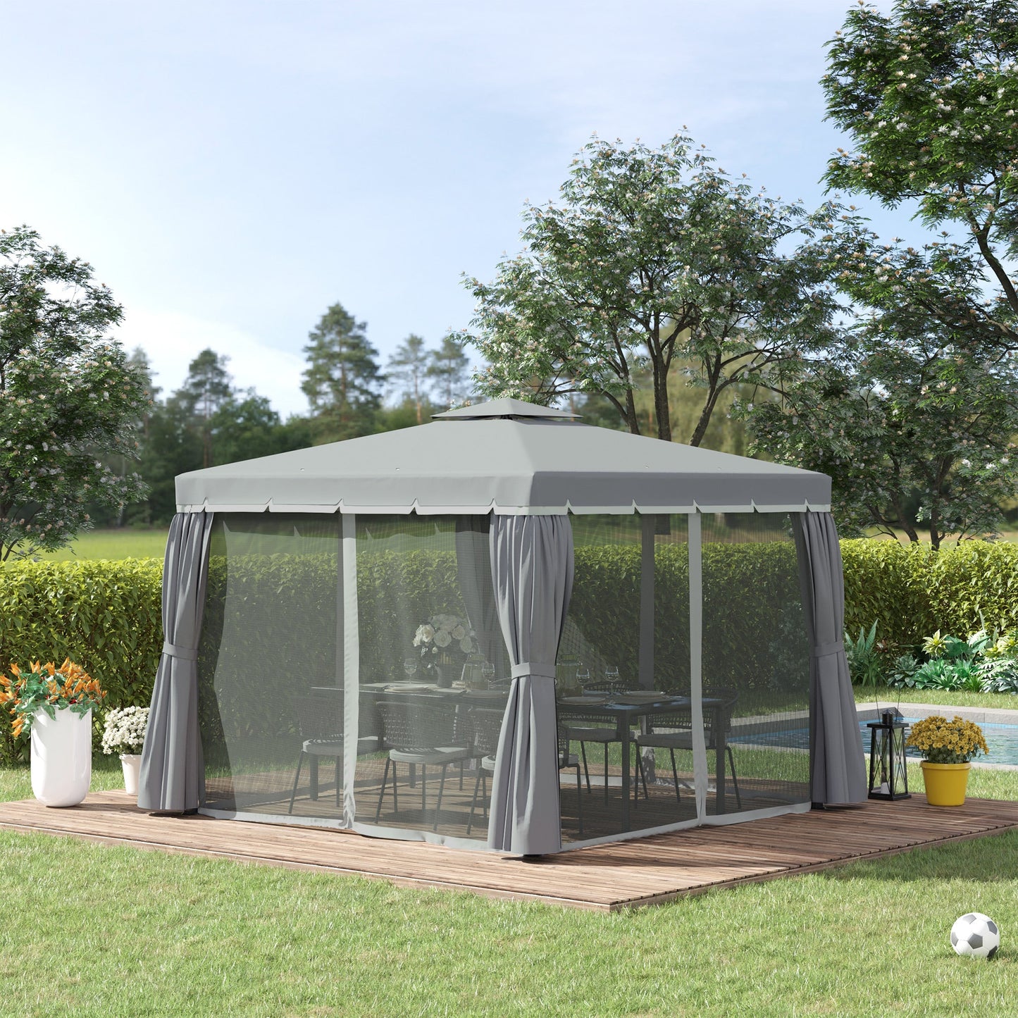 10' x 10' 2-Tier Outdoor Gazebo Canopy Tent with Zippered Mesh Sidewalls, Aluminum Frame for Patio, Backyard, Dark Grey