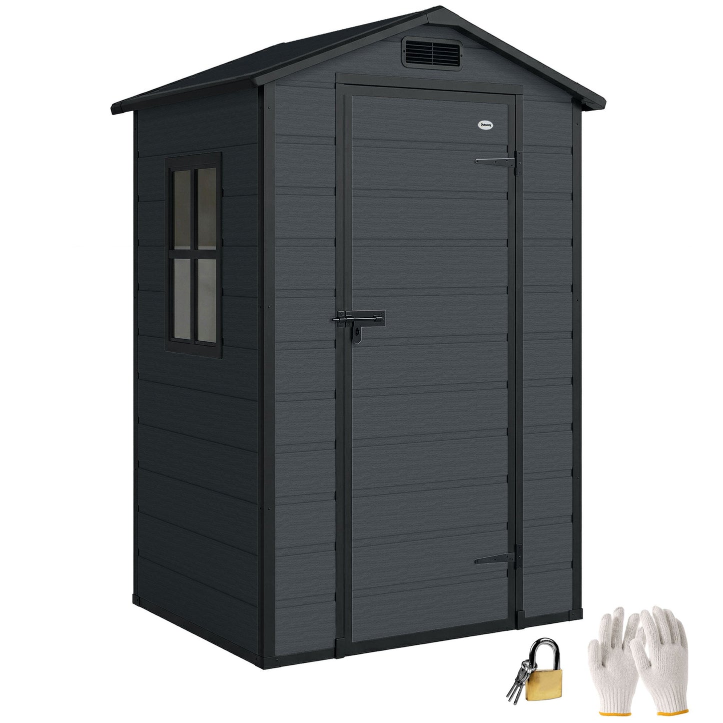 4' x 3' Plastic Garden Shed with Floor, Outdoor Storage Shed with Lockable Door, Window and Vent for Backyard, Patio, Garage, Lawn, Dark Grey
