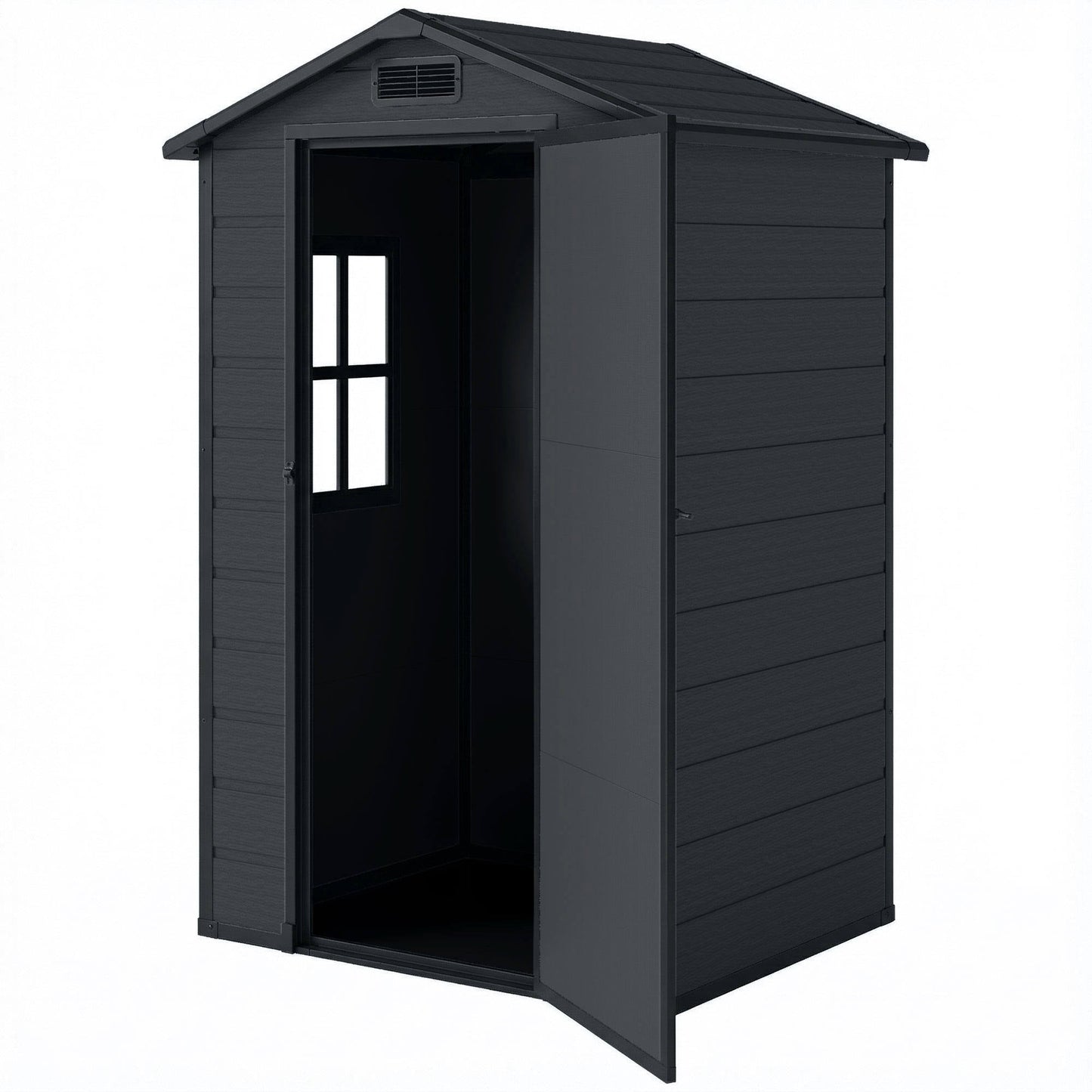 4' x 3' Plastic Garden Shed with Floor, Outdoor Storage Shed with Lockable Door, Window and Vent for Backyard, Patio, Garage, Lawn, Dark Grey