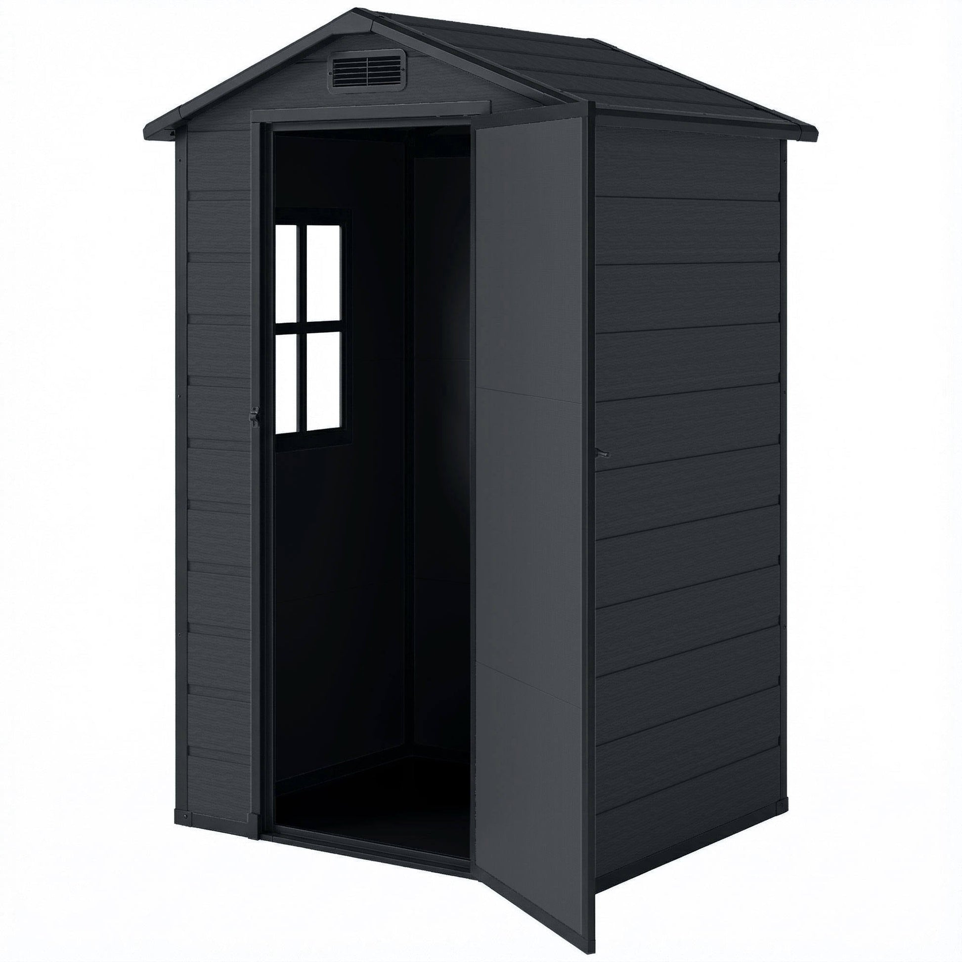 4' x 3' Plastic Garden Shed with Floor, Outdoor Storage Shed with Lockable Door, Window and Vent for Backyard, Patio, Garage, Lawn, Dark Grey