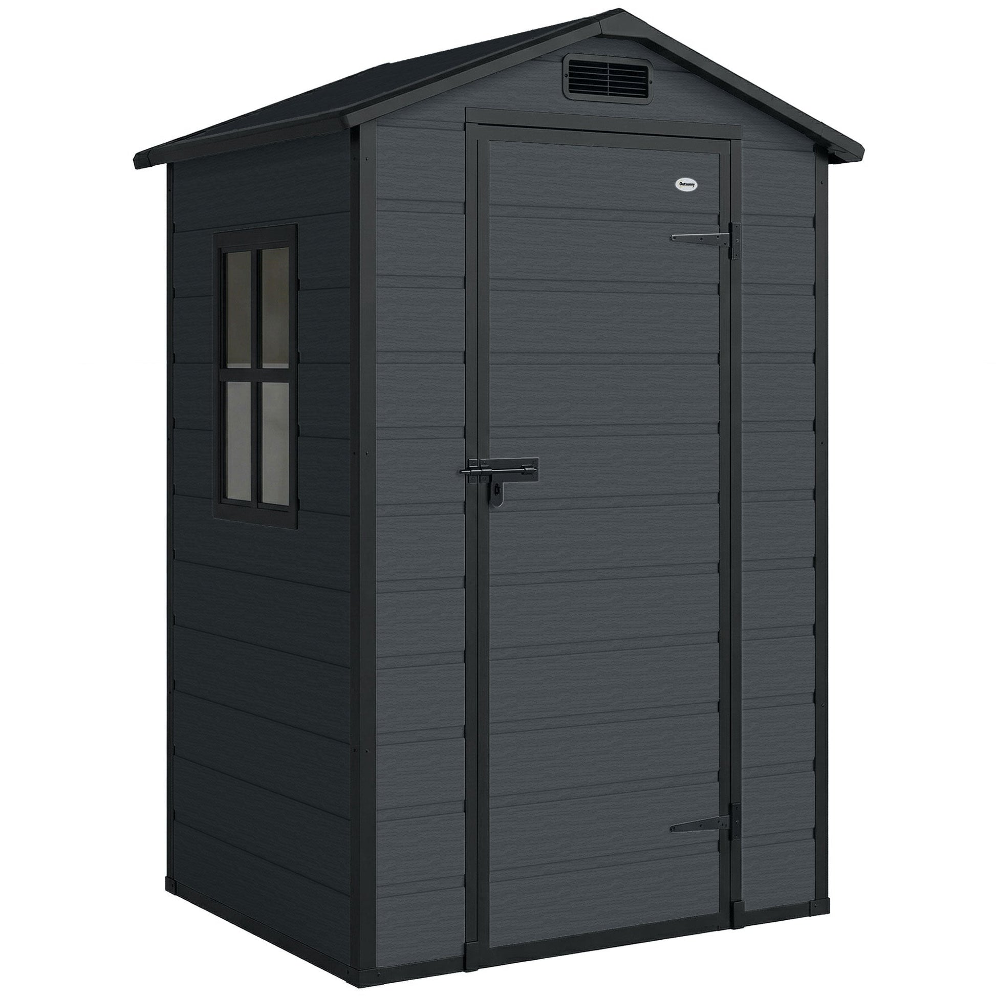 4' x 3' Plastic Garden Shed with Floor, Outdoor Storage Shed with Lockable Door, Window and Vent for Backyard, Patio, Garage, Lawn, Dark Grey