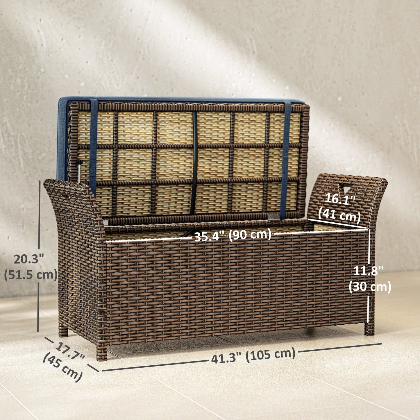 2-In-1 Patio Wicker Storage Bench, 29 Gallon Outdoor PE Rattan Patio Furniture, Large Capacity Rectangle Basket Box with Handles and Cushion, Navy Blue