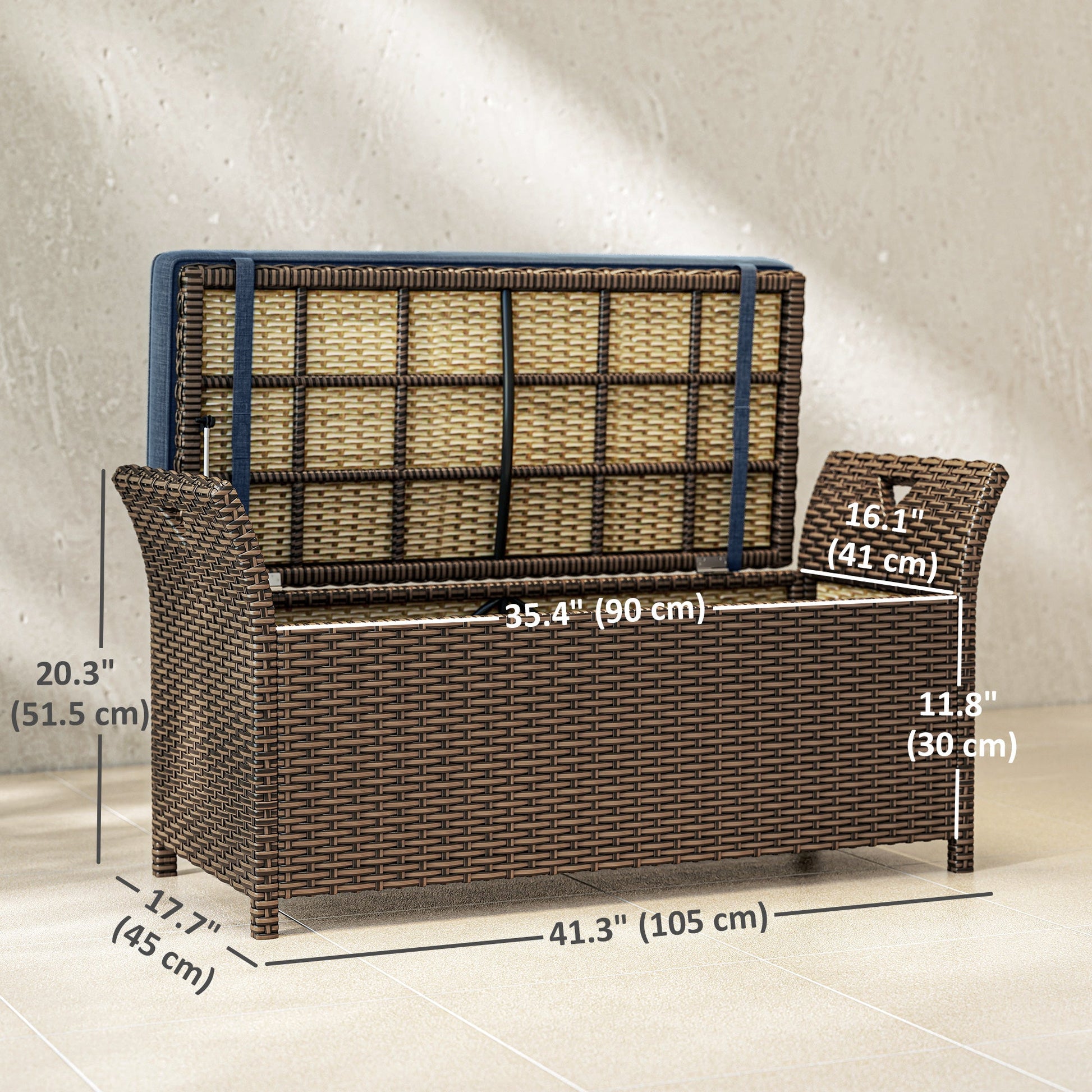 2-In-1 Patio Wicker Storage Bench, 29 Gallon Outdoor PE Rattan Patio Furniture, Large Capacity Rectangle Basket Box with Handles and Cushion, Navy Blue