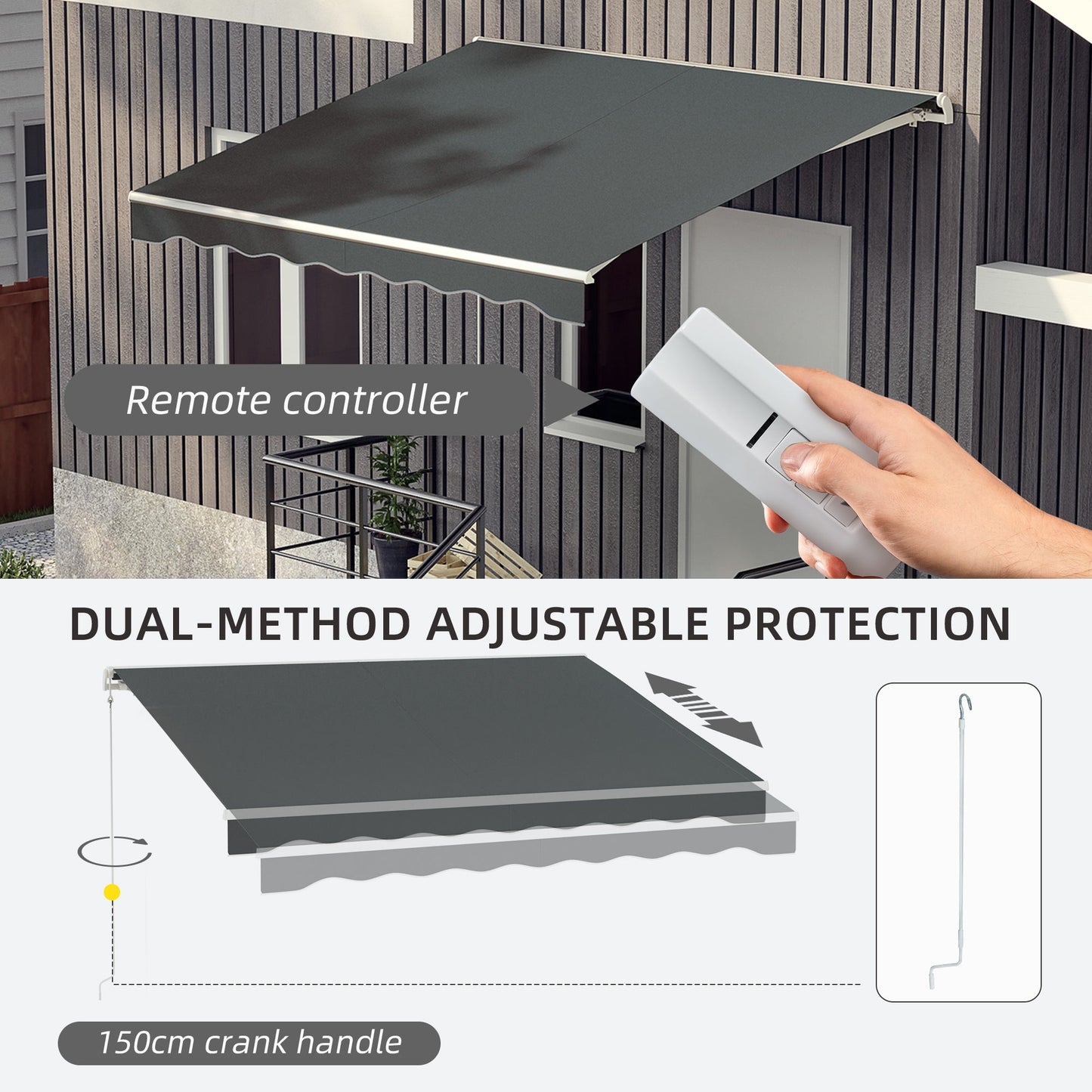 10' x 8' Electric Awning, Retractable Awning Sun Shade Shelter with Remote Controller, Manual Crank Handle and Aluminum Frame, for Deck, Balcony, Yard, Grey