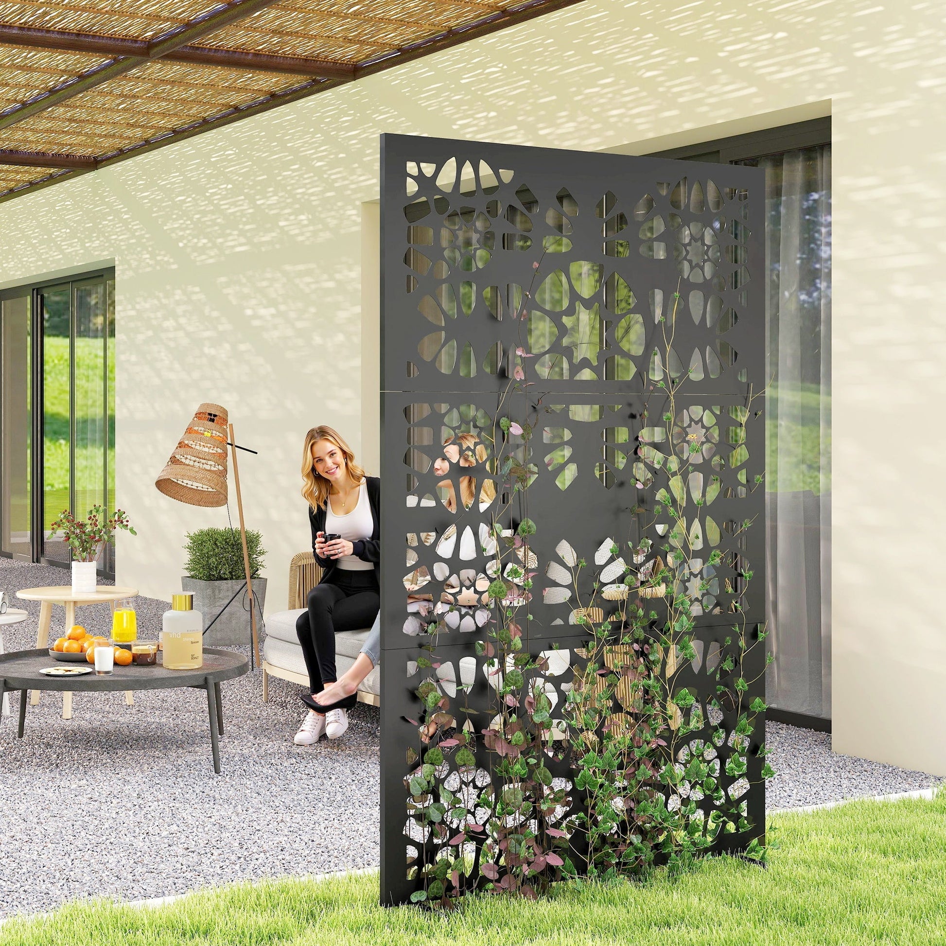 Metal Outdoor Privacy Screen, 72" x 38" Freestanding Outdoor Divider, Wall-Mounted Decorative Panel with Symmetrical Pattern Cut-out Design for Garden Patio, Black