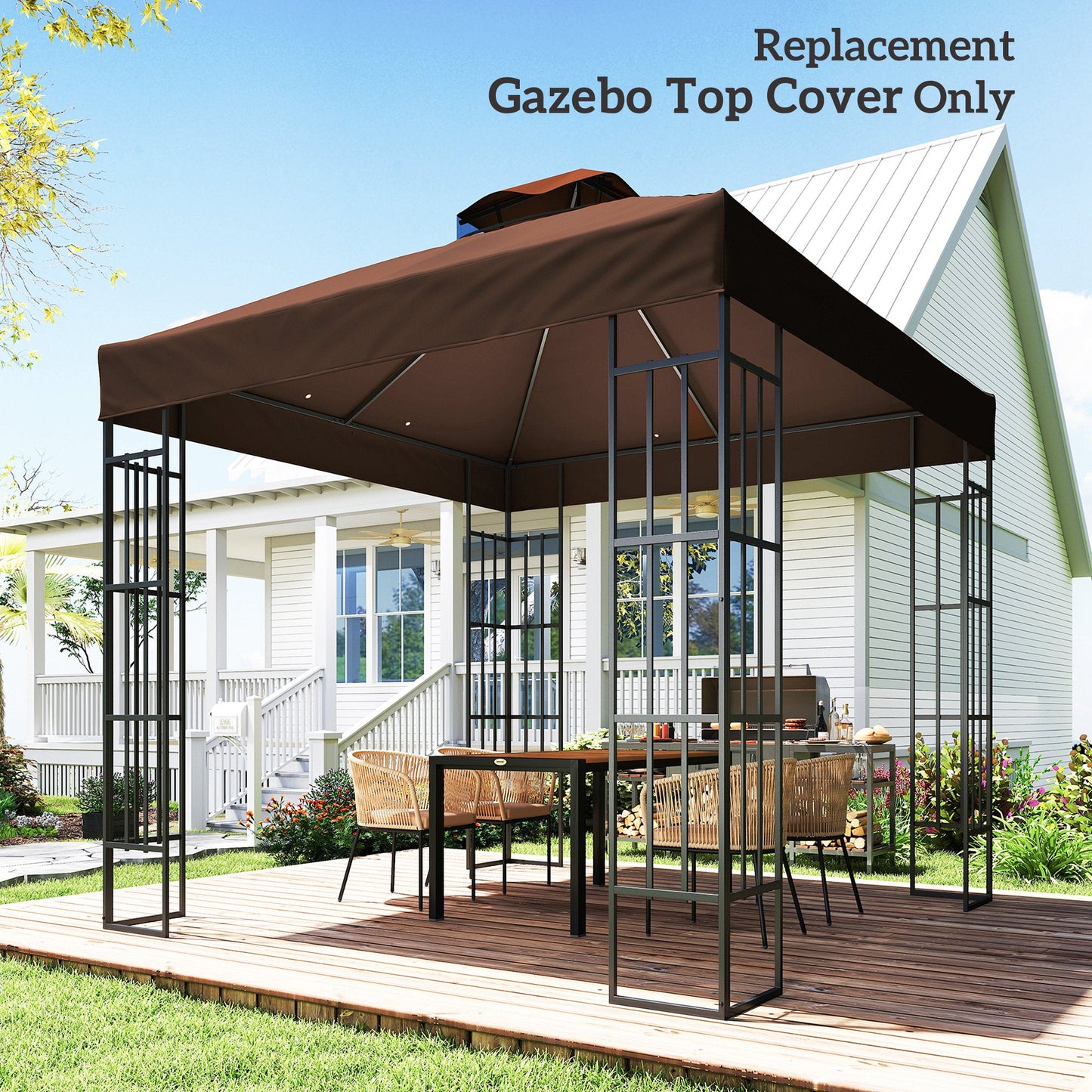 10' x 10' Gazebo Replacement Canopy Cover, 2-Tier Outdoor Gazebo Roof Replacement with Drain Holes, Water Resistant PVC Coating, 370g/㎡, UPF30+, TOP COVER ONLY, Coffee
