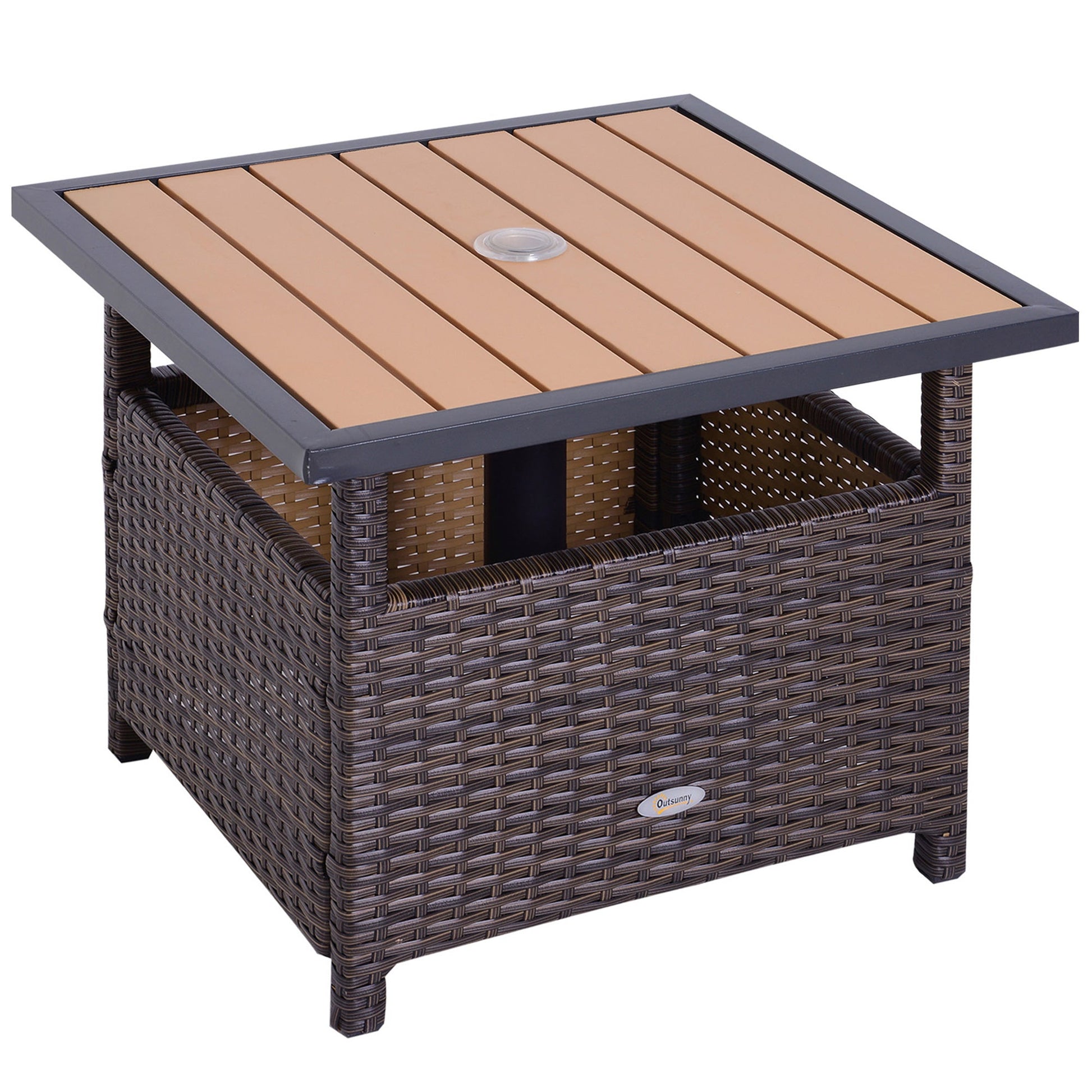 22" Square Steel PE Rattan Wicker Table With Umbrella Hole, Outdoor Patio Accent Dining Side Table Used as Umbrella Stand, Brown