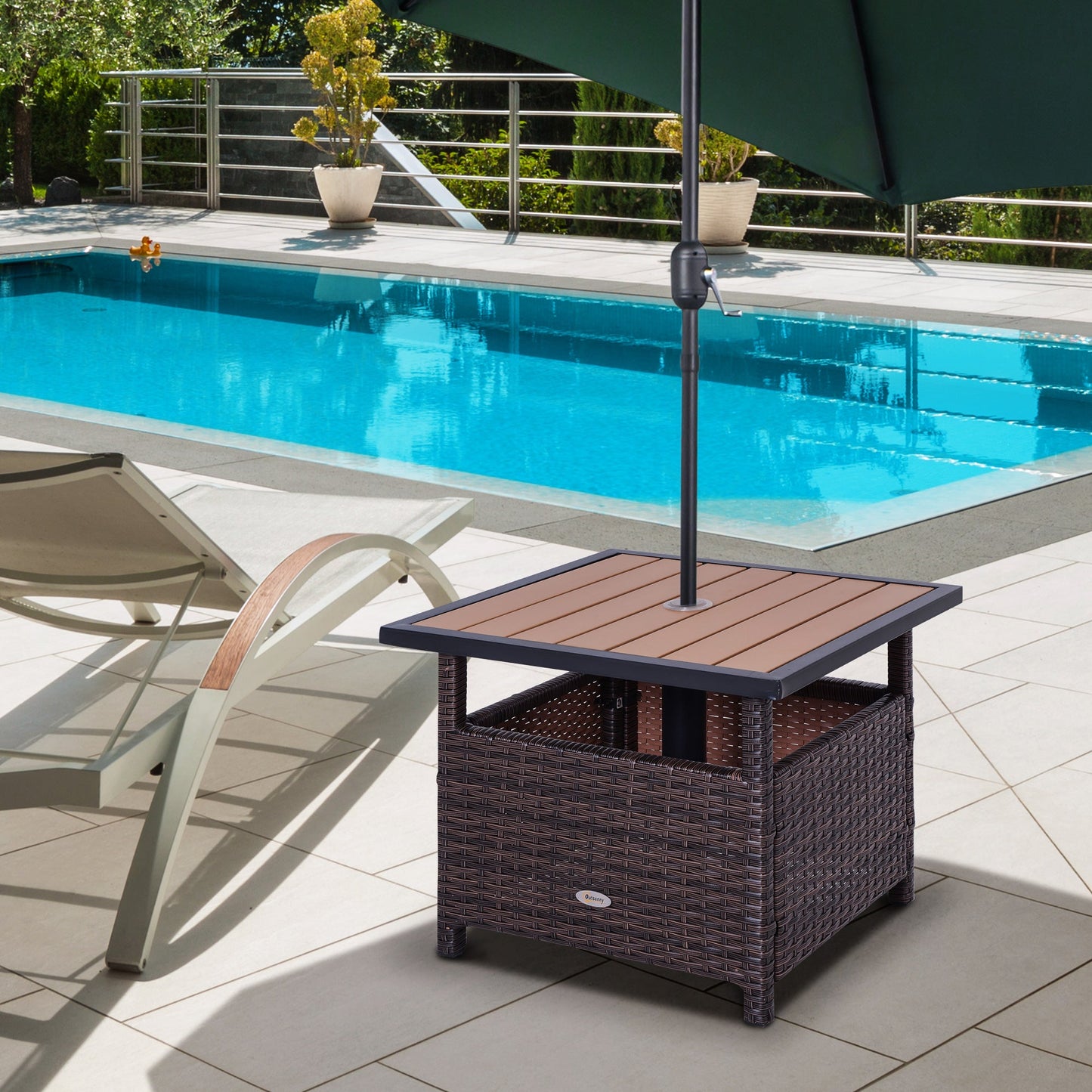 22" Square Steel PE Rattan Wicker Table With Umbrella Hole, Outdoor Patio Accent Dining Side Table Used as Umbrella Stand, Brown