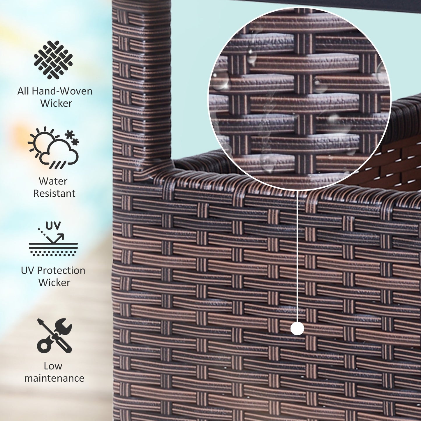 22" Square Steel PE Rattan Wicker Table With Umbrella Hole, Outdoor Patio Accent Dining Side Table Used as Umbrella Stand, Brown