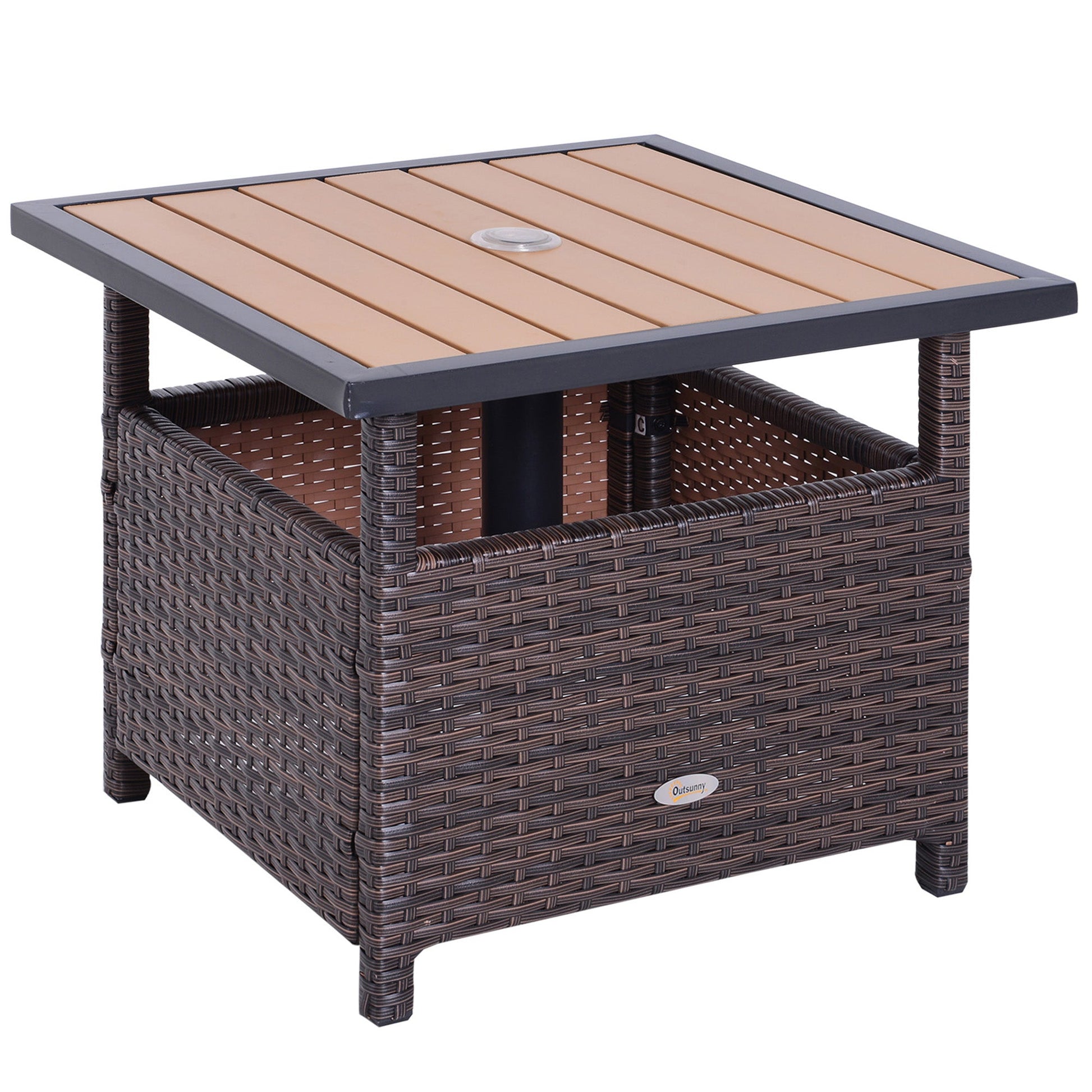 22" Square Steel PE Rattan Wicker Table With Umbrella Hole, Outdoor Patio Accent Dining Side Table Used as Umbrella Stand, Brown