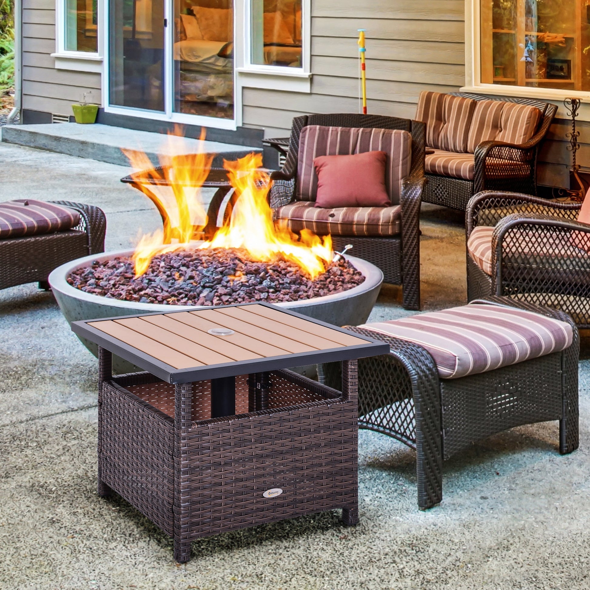 22" Square Steel PE Rattan Wicker Table With Umbrella Hole, Outdoor Patio Accent Dining Side Table Used as Umbrella Stand, Brown