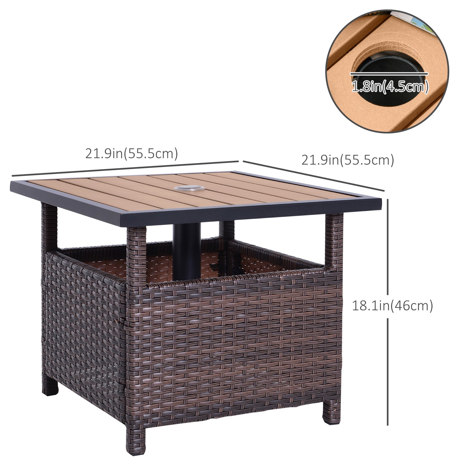 22" Square Steel PE Rattan Wicker Table With Umbrella Hole, Outdoor Patio Accent Dining Side Table Used as Umbrella Stand, Brown