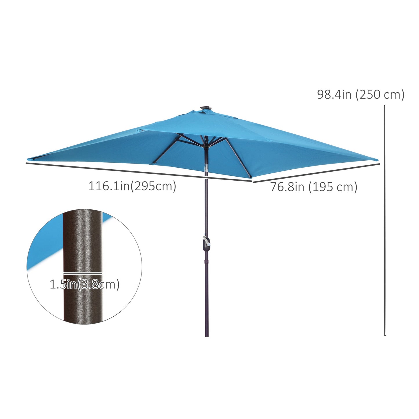 6.5x10ft Patio Umbrella Rectangle Solar Powered Tilt Aluminum Outdoor Market Parasol with LEDs Crank (Turquoise)