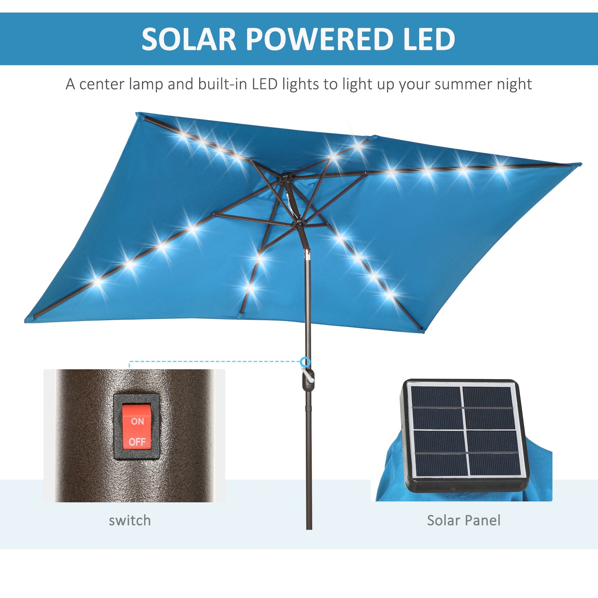 6.5x10ft Patio Umbrella Rectangle Solar Powered Tilt Aluminum Outdoor Market Parasol with LEDs Crank (Turquoise)