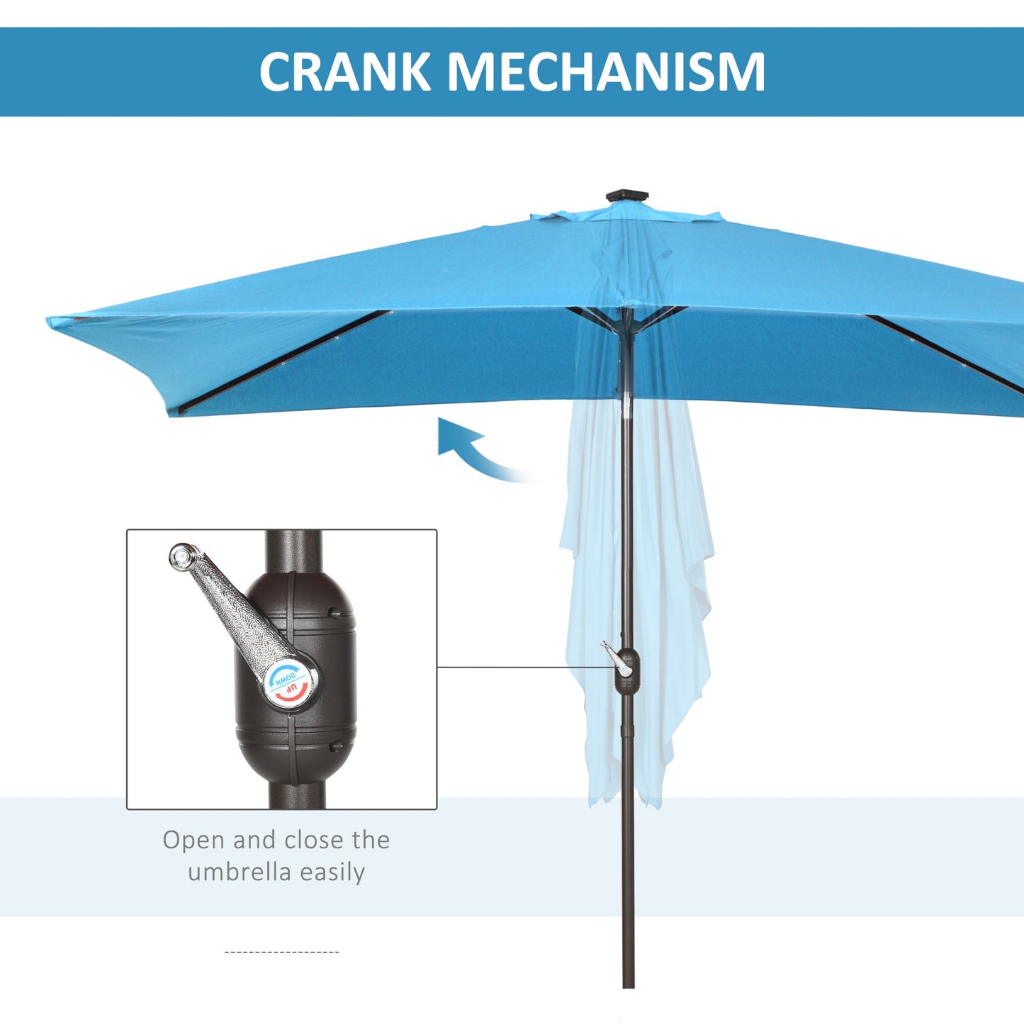 6.5x10ft Patio Umbrella Rectangle Solar Powered Tilt Aluminum Outdoor Market Parasol with LEDs Crank (Turquoise)