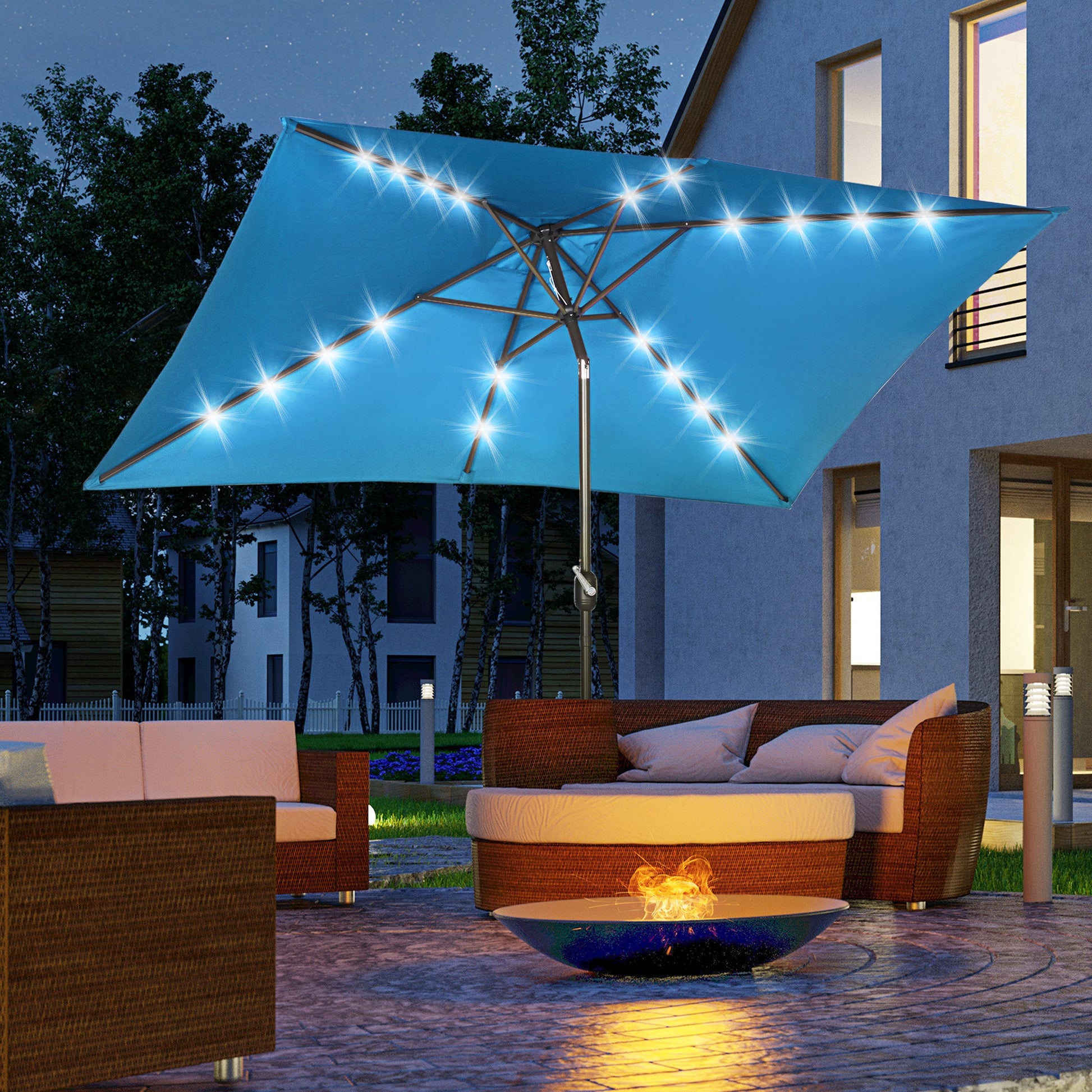 6.5x10ft Patio Umbrella Rectangle Solar Powered Tilt Aluminum Outdoor Market Parasol with LEDs Crank (Turquoise)