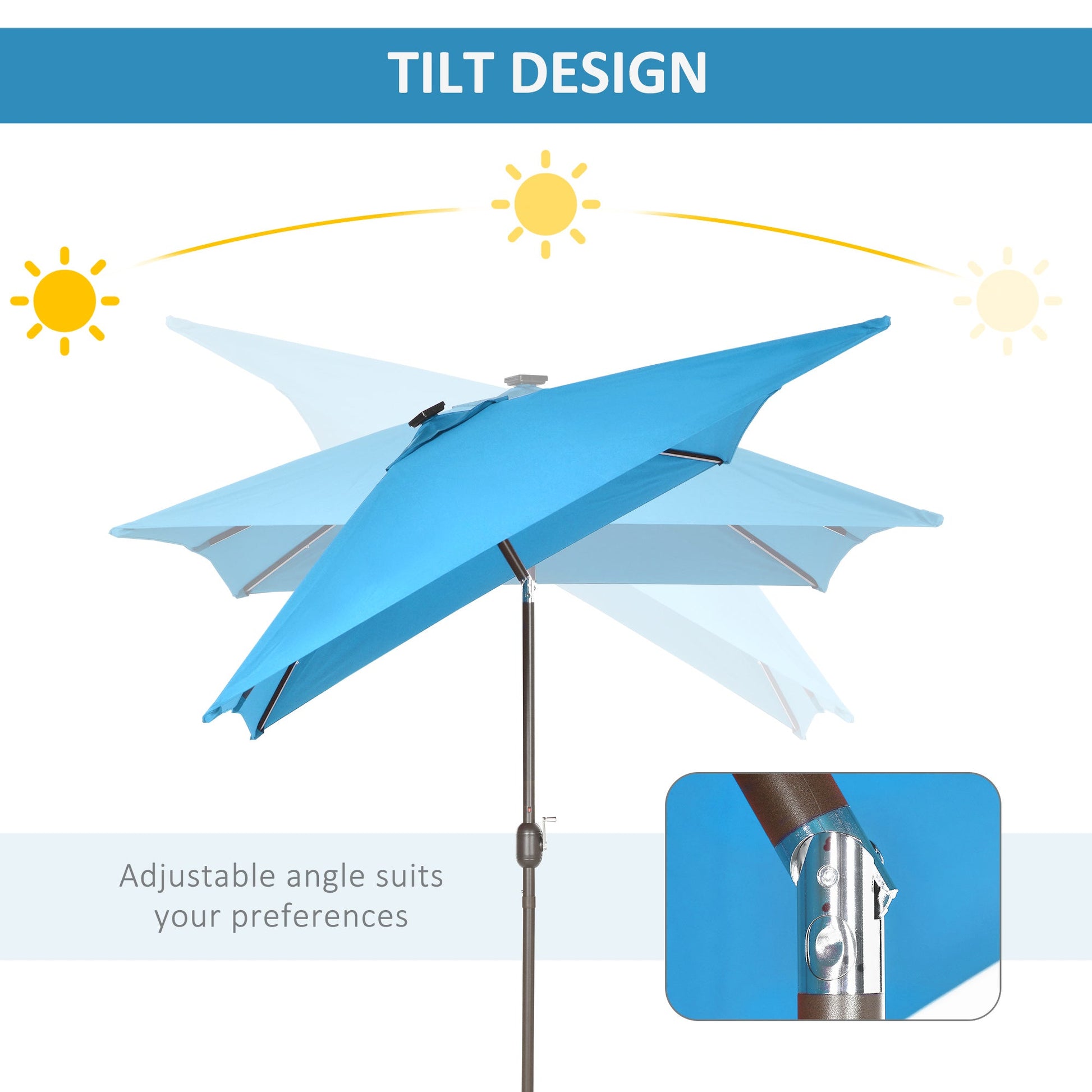 6.5x10ft Patio Umbrella Rectangle Solar Powered Tilt Aluminum Outdoor Market Parasol with LEDs Crank (Turquoise)