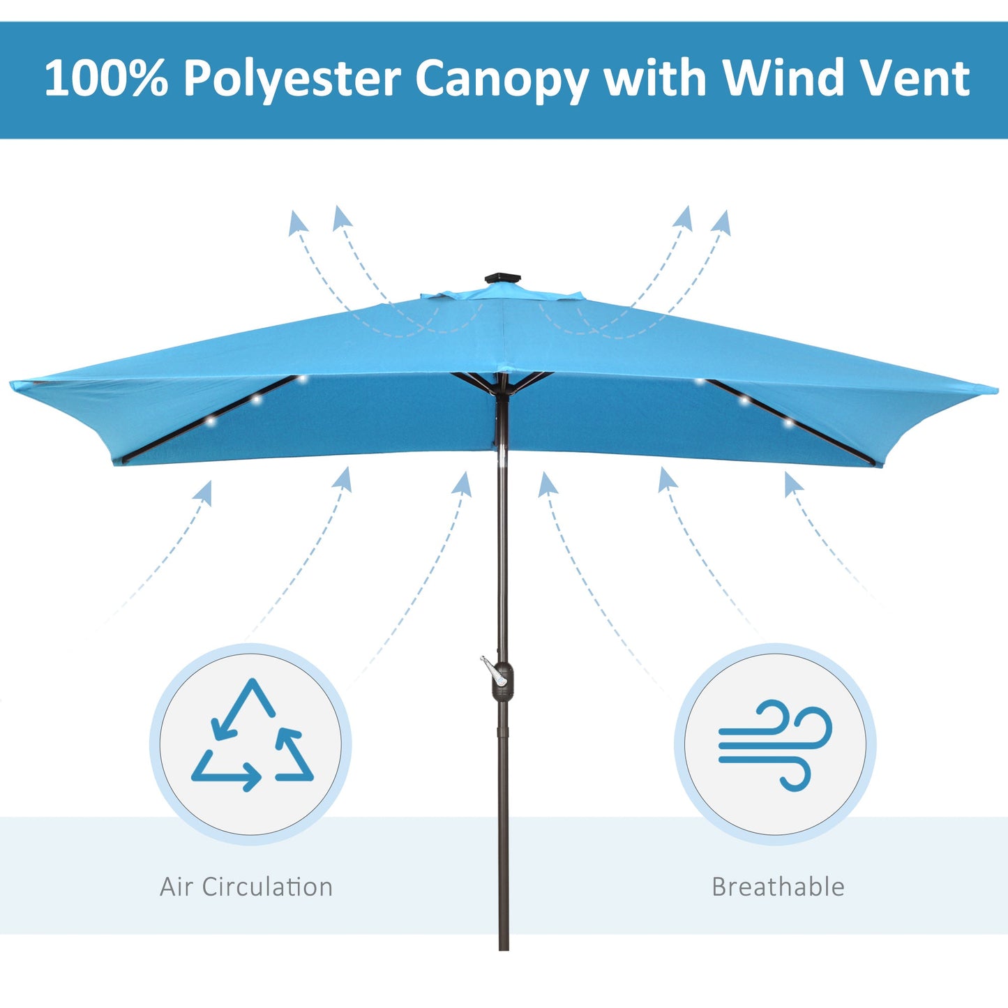 6.5x10ft Patio Umbrella Rectangle Solar Powered Tilt Aluminum Outdoor Market Parasol with LEDs Crank (Turquoise)