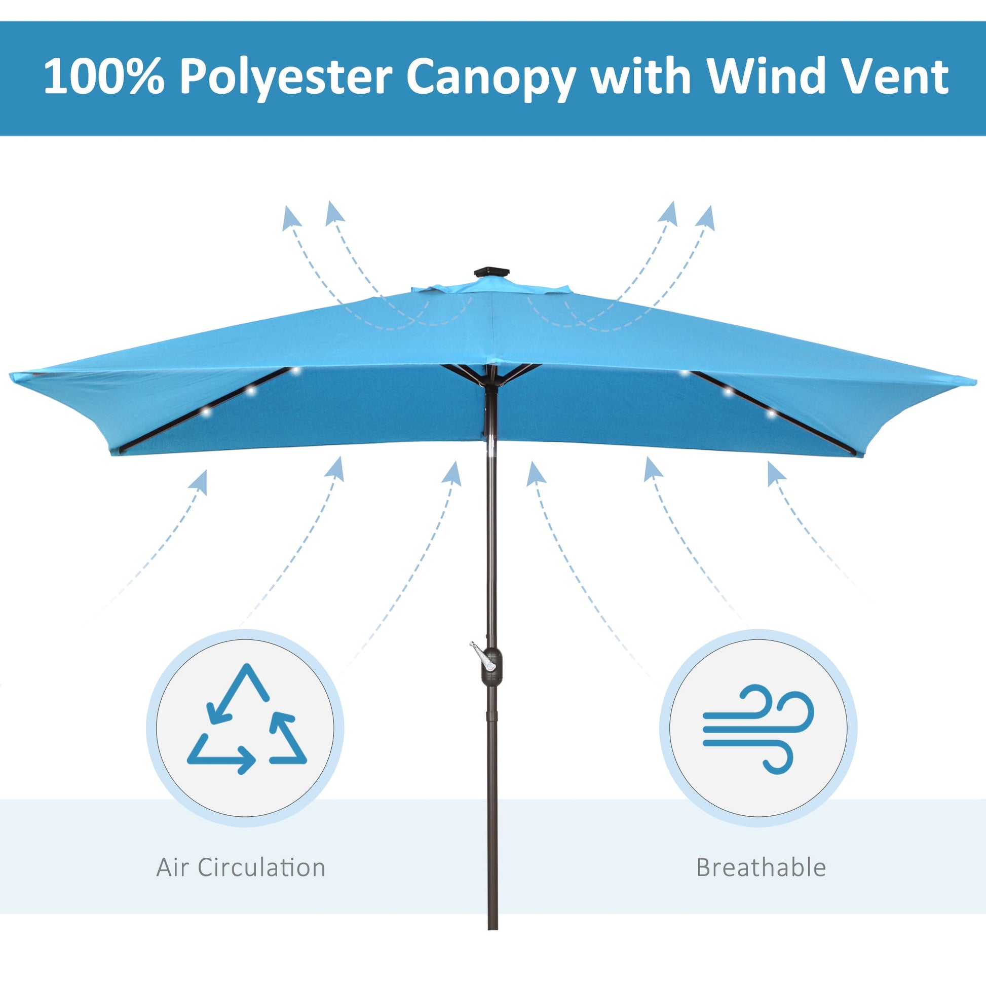 6.5x10ft Patio Umbrella Rectangle Solar Powered Tilt Aluminum Outdoor Market Parasol with LEDs Crank (Turquoise)
