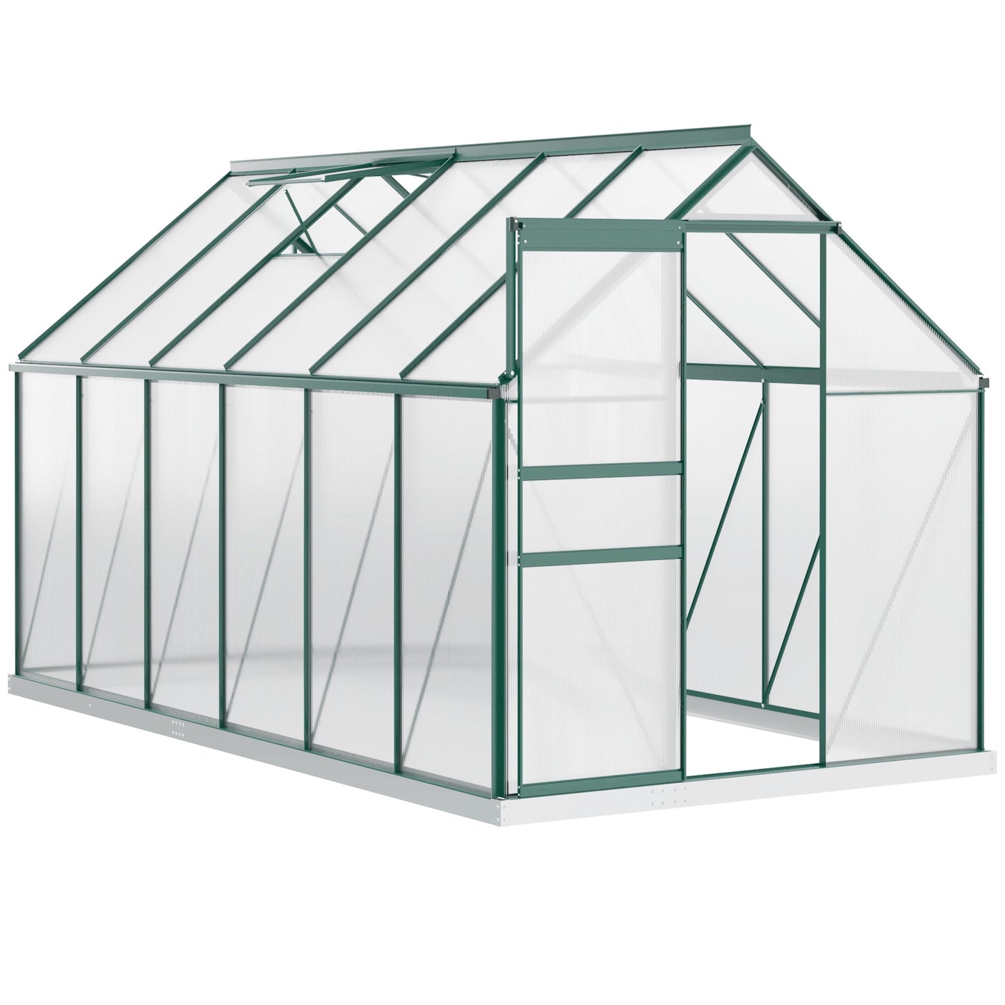 6' x 12' x 6.5' Polycarbonate Greenhouse, Walk-in Green House with Adjustable Roof Vent Galvanized Base Sliding Door Rain Gutter for Outdoor Garden Backyard, Green