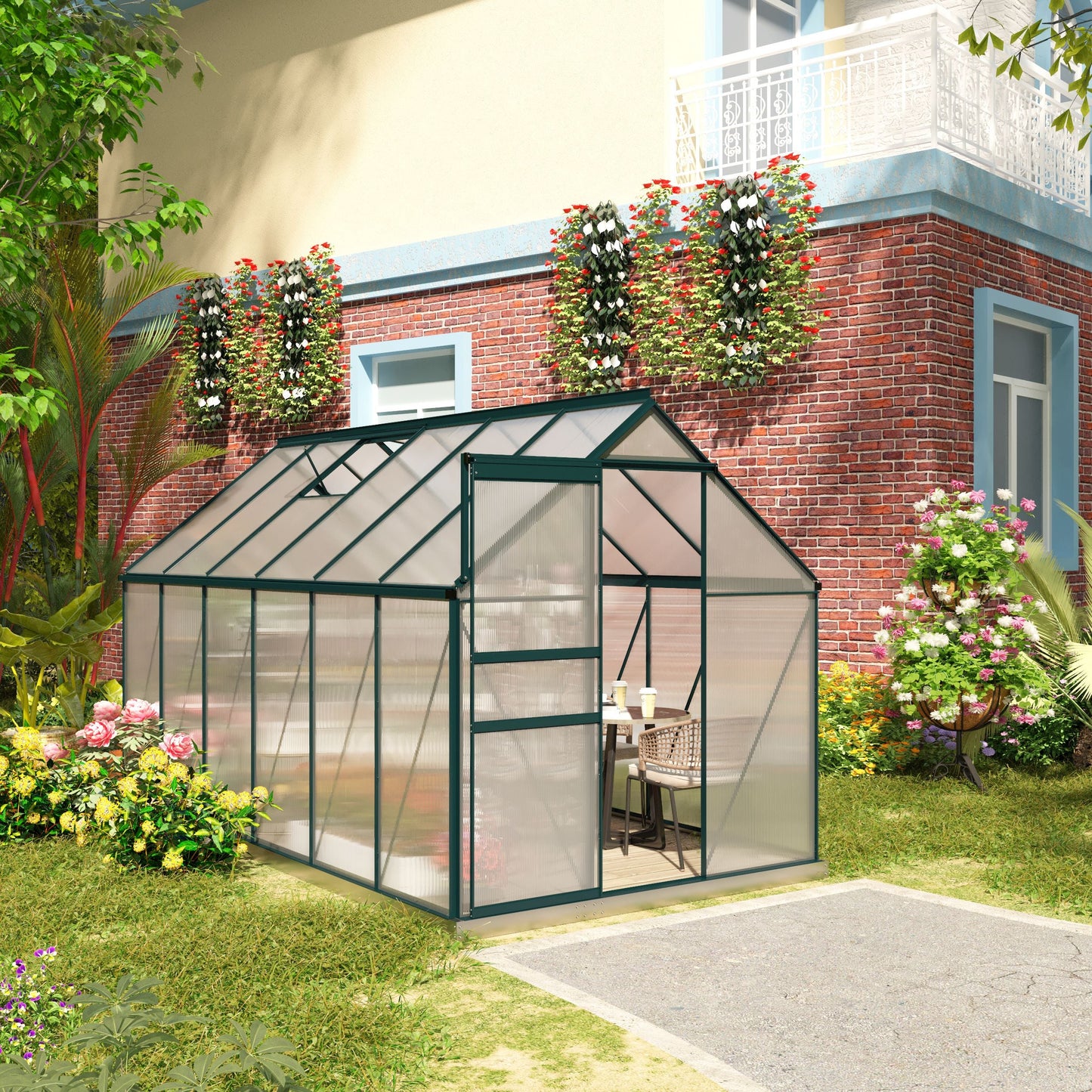 6' x 12' x 6.5' Polycarbonate Greenhouse, Walk-in Green House with Adjustable Roof Vent Galvanized Base Sliding Door Rain Gutter for Outdoor Garden Backyard, Green