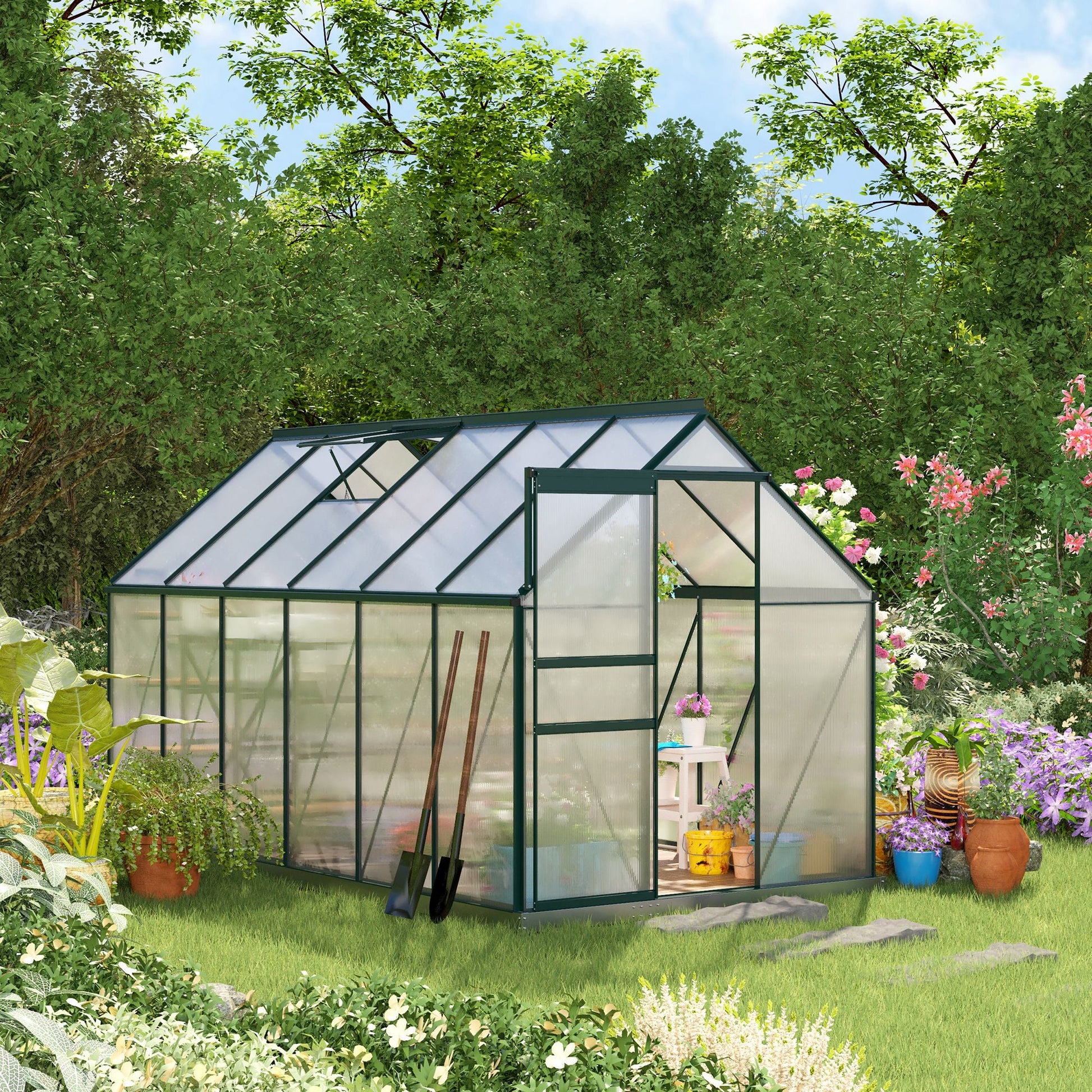 6' x 12' x 6.5' Polycarbonate Greenhouse, Walk-in Green House with Adjustable Roof Vent Galvanized Base Sliding Door Rain Gutter for Outdoor Garden Backyard, Green