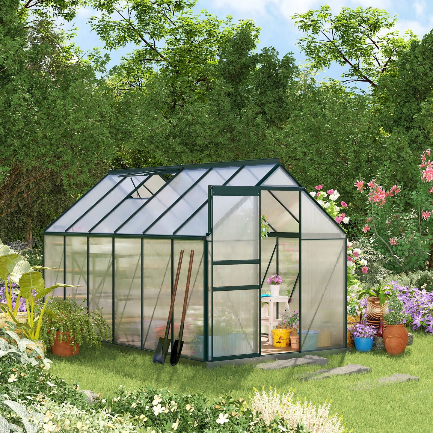 6' x 12' x 6.5' Polycarbonate Greenhouse, Walk-in Green House with Adjustable Roof Vent Galvanized Base Sliding Door Rain Gutter for Outdoor Garden Backyard, Green