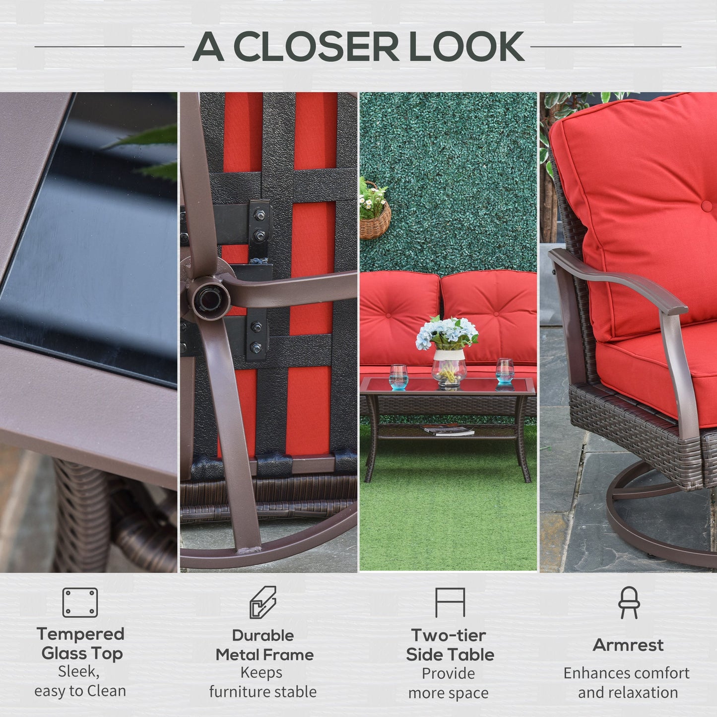 4 Piece PE Rattan Patio Furniture Set, Outdoor Wicker Sofa Set Conversation Furniture w/ Two-Tier Table, Loveseat, 2 Swivel Rocking Chairs and Cushions, Red