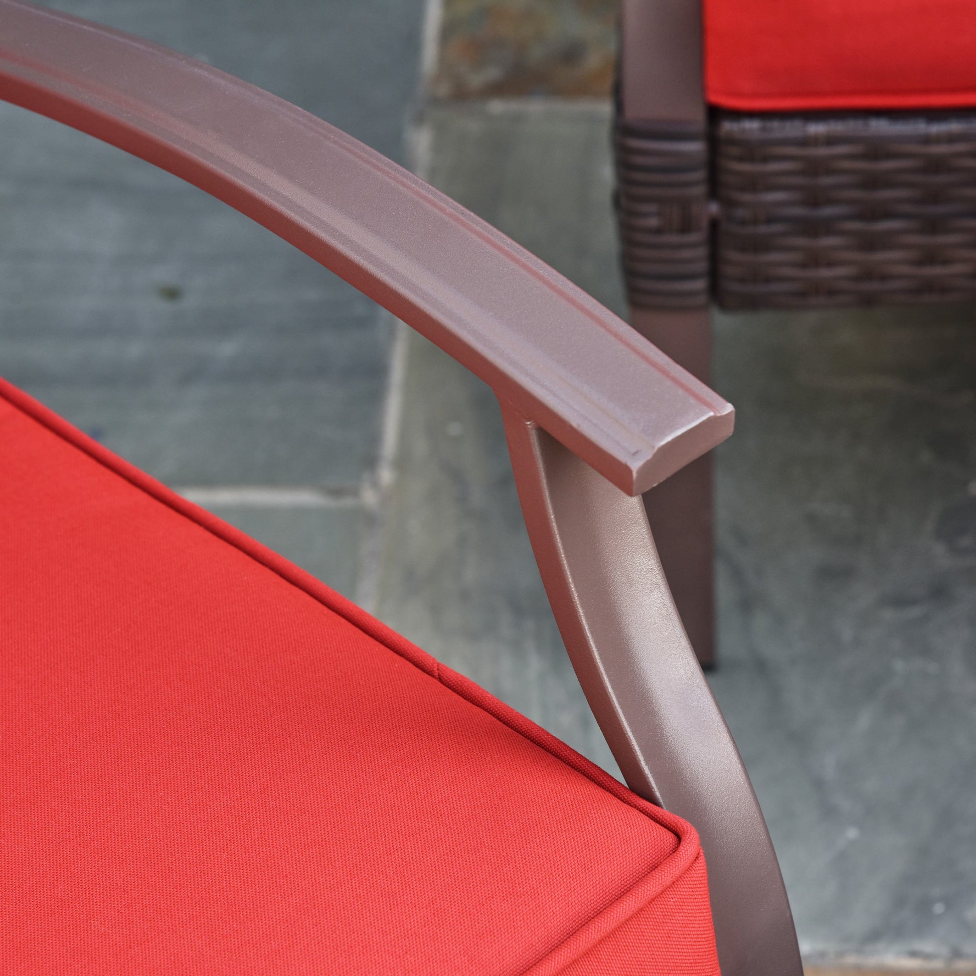 4 Piece PE Rattan Patio Furniture Set, Outdoor Wicker Sofa Set Conversation Furniture w/ Two-Tier Table, Loveseat, 2 Swivel Rocking Chairs and Cushions, Red