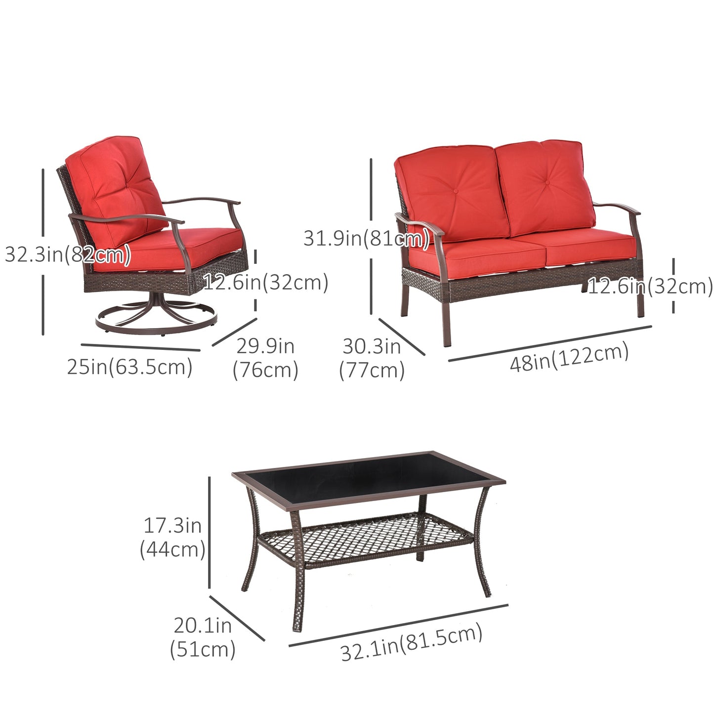 4 Piece PE Rattan Patio Furniture Set, Outdoor Wicker Sofa Set Conversation Furniture w/ Two-Tier Table, Loveseat, 2 Swivel Rocking Chairs and Cushions, Red