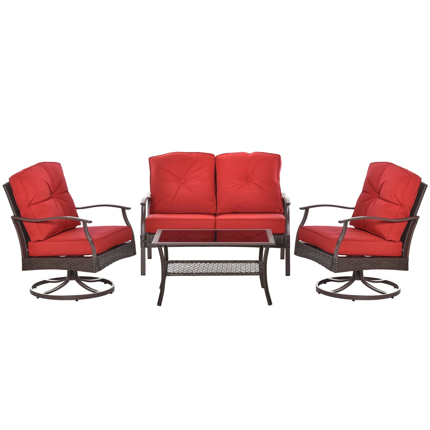 4 Piece PE Rattan Patio Furniture Set, Outdoor Wicker Sofa Set Conversation Furniture w/ Two-Tier Table, Loveseat, 2 Swivel Rocking Chairs and Cushions, Red