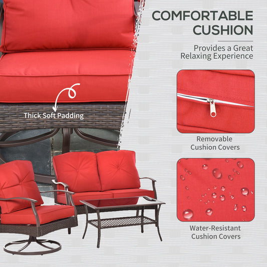 4 Piece PE Rattan Patio Furniture Set, Outdoor Wicker Sofa Set Conversation Furniture w/ Two-Tier Table, Loveseat, 2 Swivel Rocking Chairs and Cushions, Red